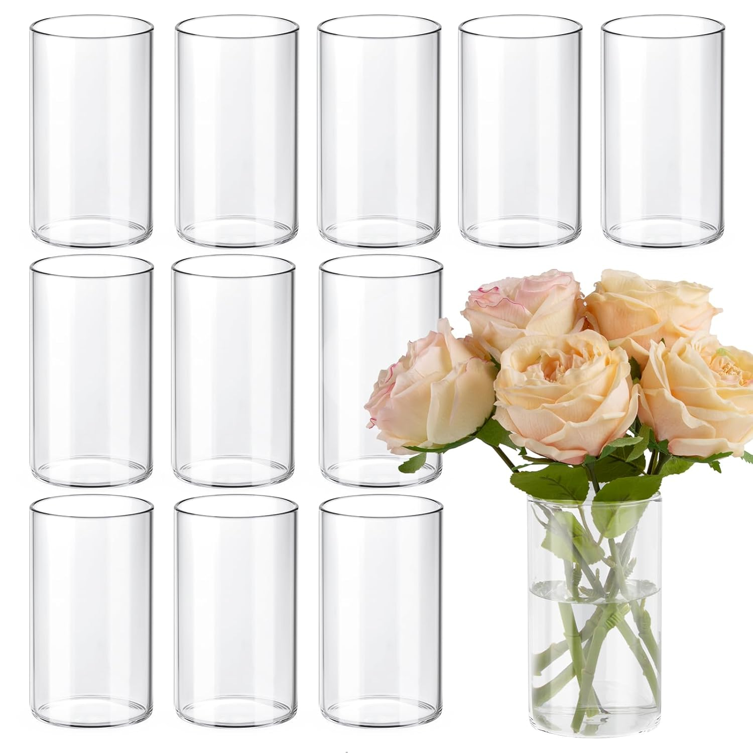 12pcs Glass Cylinder Vases for Centerpieces, 6 Inch Clear Flower Vases for Wedding Decorations and Indoor Home Decor, Hurricane Candle Holder for Table Shelf, Party