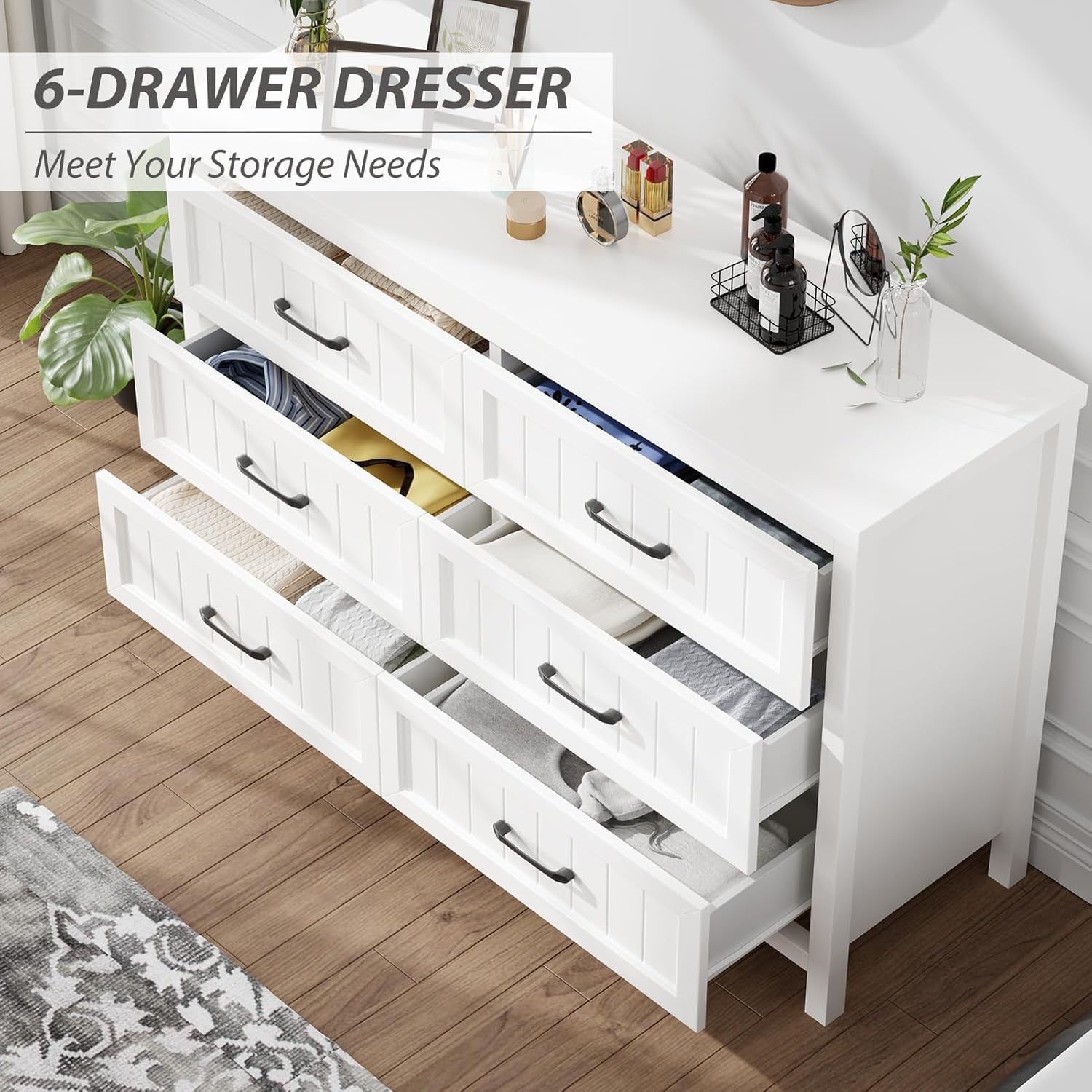 6 Drawer Dresser for Bedroom, Farmhouse Dresser with Deep Drawers, Large White Dresser Wooden Double Dresser Chest of Drawers for Living Room, Hallway, Entryway (White, 6 Drawer)