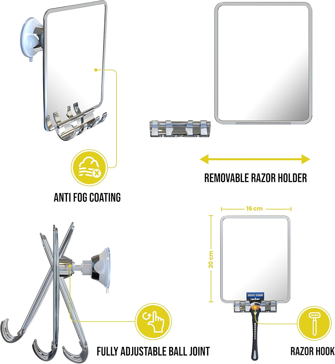 Luxo Shower Mirror, Shower Mirror fogless for Shaving with a Removable Razor Holder - Shaving Mirror for Shower with a Powerful Suction Cup - Shatterproof fogless Mirror for Shower