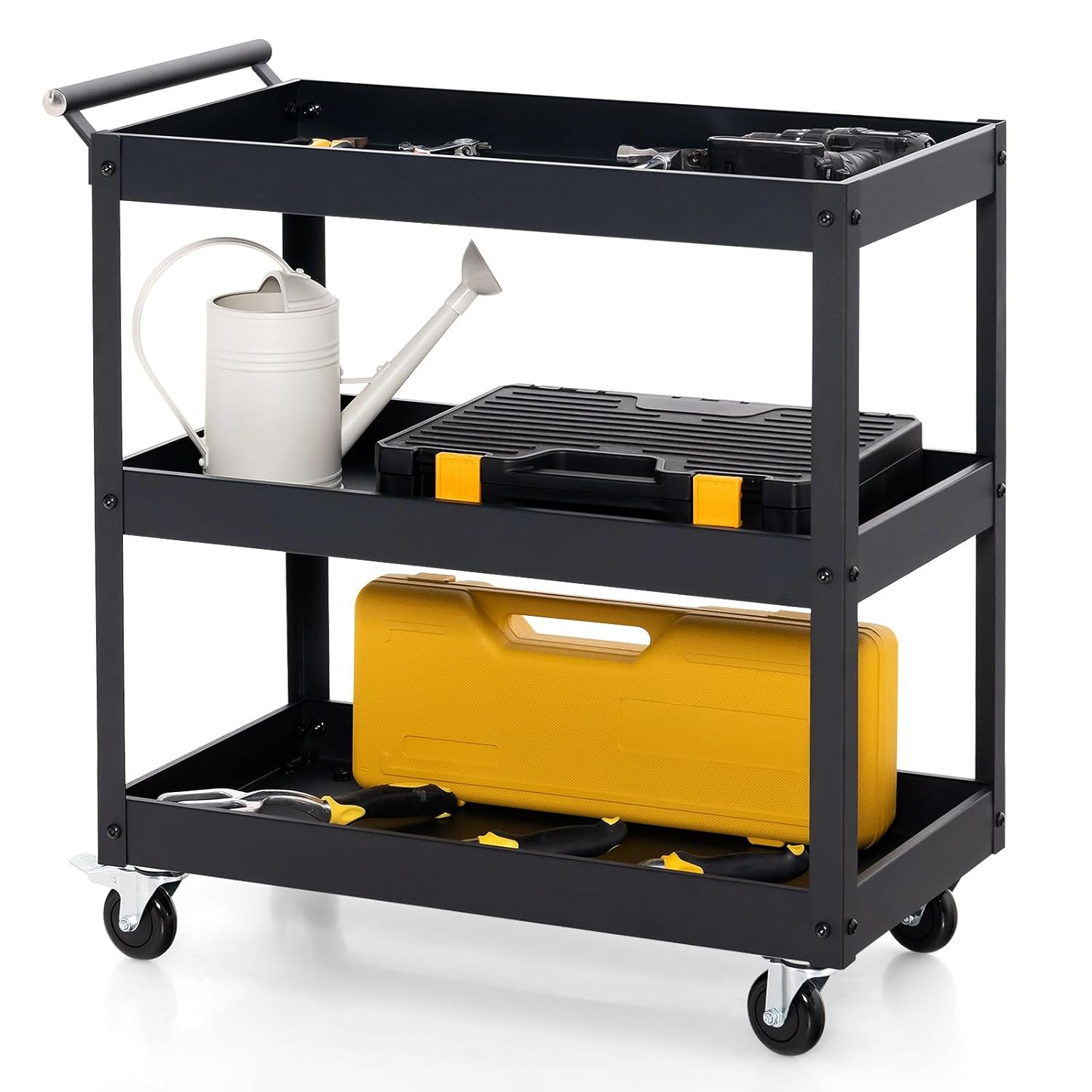3-Tier Utility Cart, Heavy Duty Commercial Service Tool Cart w/Lockable Wheels, 330lbs Load Capacity, Ergonomic Handle, Rolling Mechanic Tool Cart Storage Organizer for Warehouse Garage Black