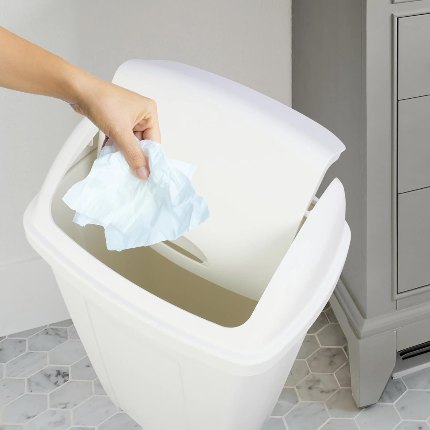 13 Gallon Trash Can, Plastic Swing Top Kitchen Garbage Trash Can (White)