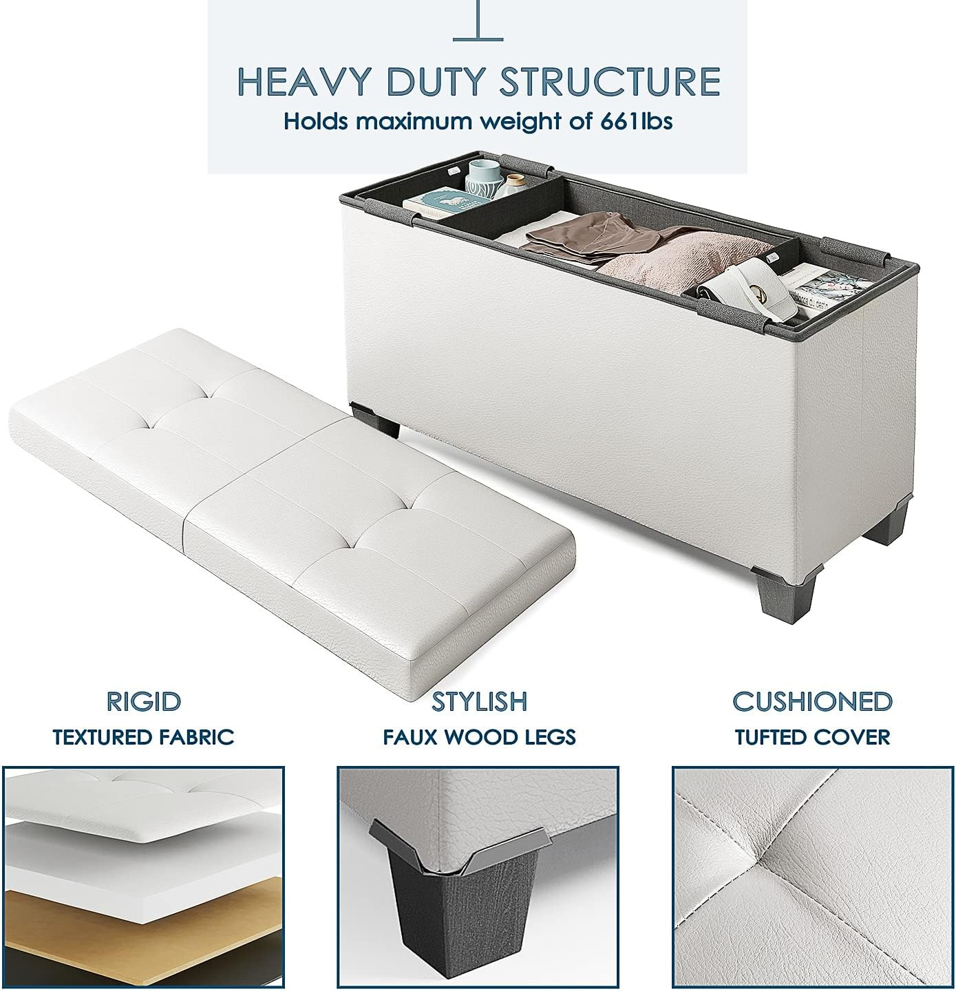 Storage Ottoman Bench with Storage Bins, 30-In Storage Bench for Bedroom End of Bed, Folding Foot Rest Ottoman with Storage for Living Room, Storage Chest Max 660lbs, Faux Leather Ottoman, White