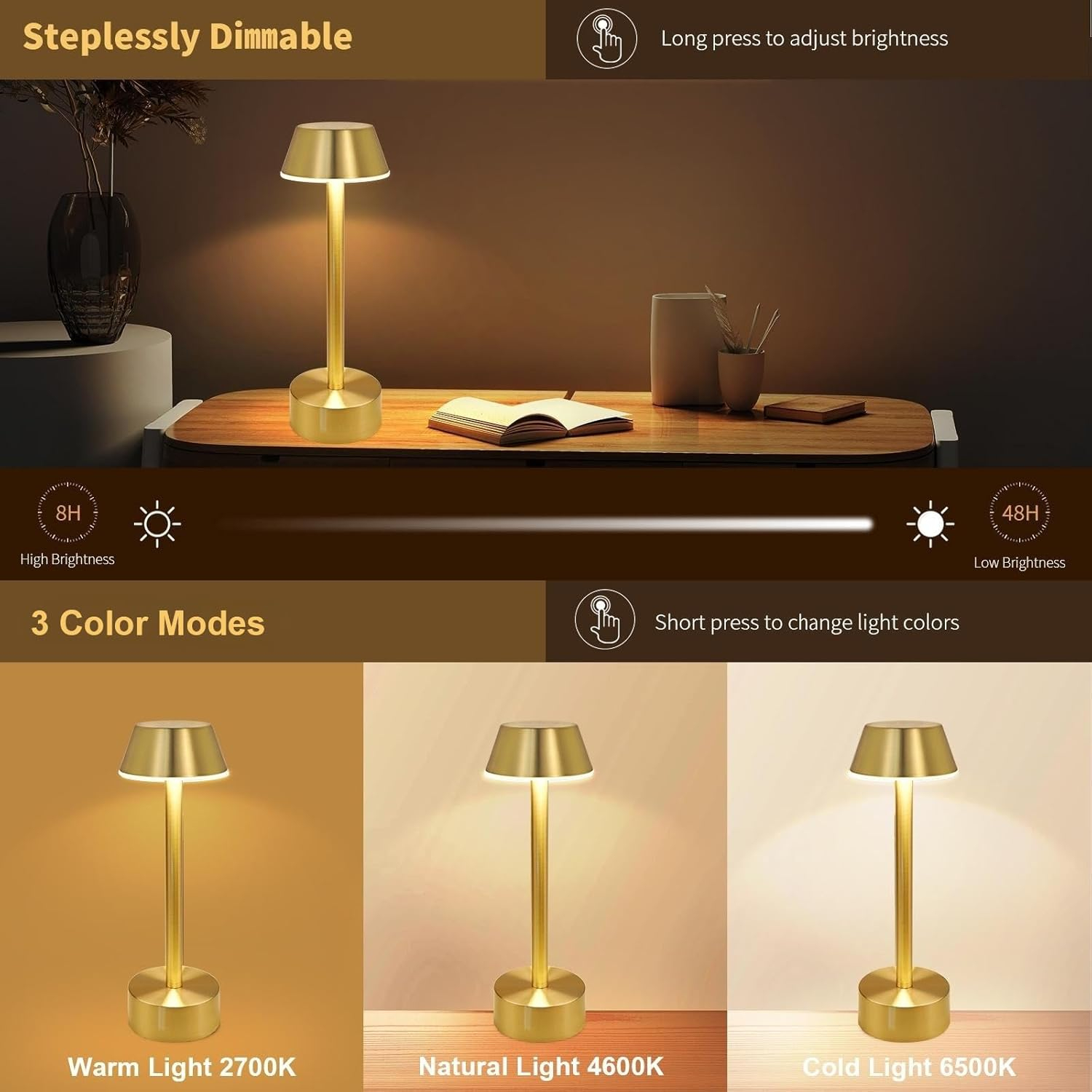 Egobasic Cordless Table Lamps, Modern Rechargeable Battery LED Desk Touch Night Light, 11.8" Metal Minimalist Small Portable Lamps for Dinner Coffee Table Restaurant Bedroom Bar Hotel, Gold