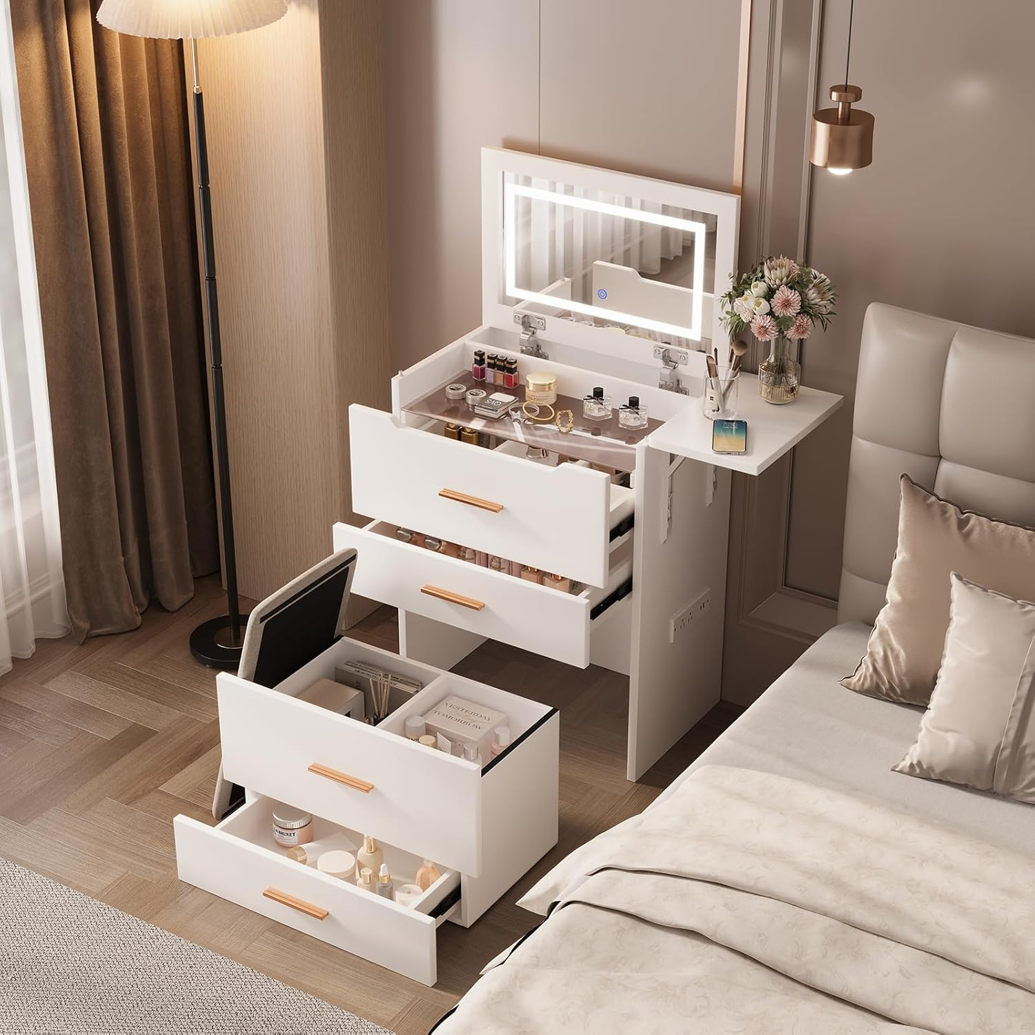 Makeup Vanity Desk with Mirror and Lights, 3-in-1 Vanity Set with 3 Drawers, Small Makeup Vanity with Hidden Stool, Compact Dressing Table Charging Station for Bedroom-White