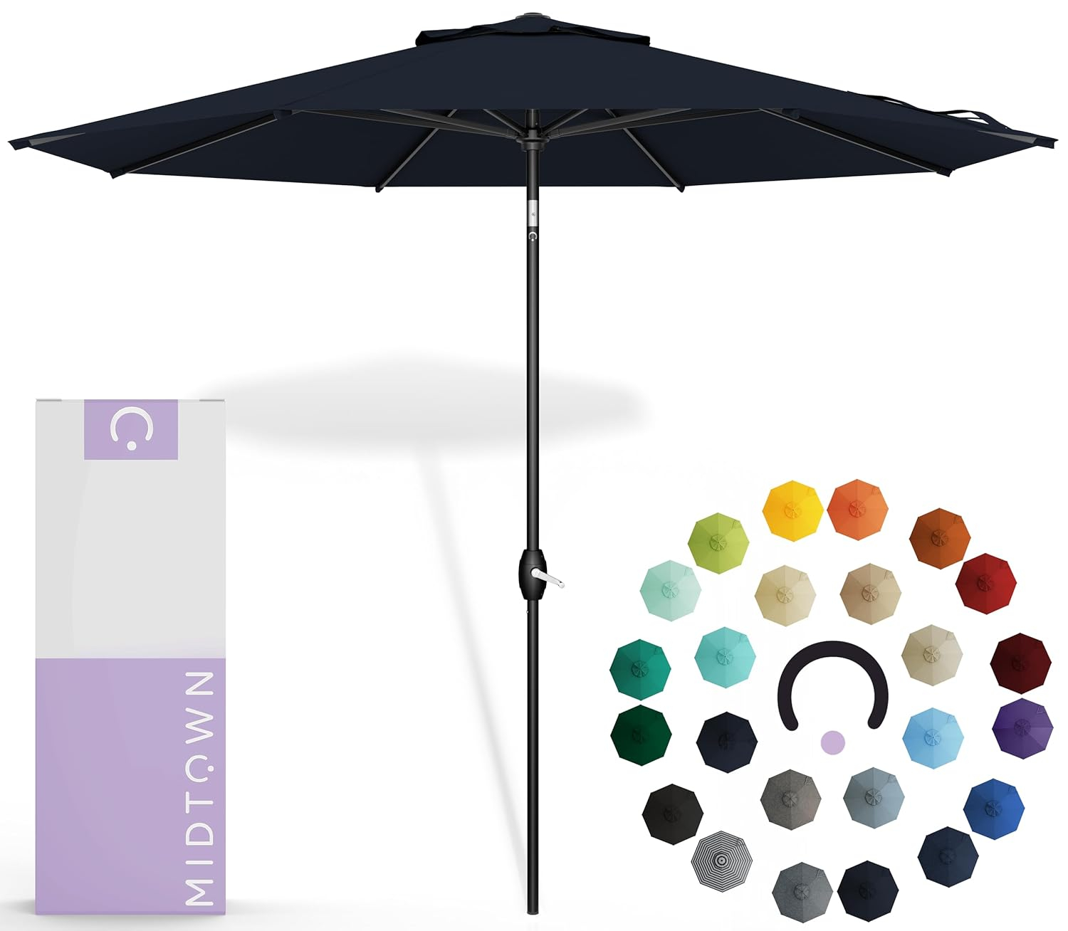 Midtown Umbrellas Sunbrella Umbrella 8 Feet Outdoor Umbrella With Sunbrella Canvas Navy Acrylic Fabric - Auto-Tilt Aluminum Frame Patio Umbrella For Backyard, Deck, Garden, Pool - Black Pole