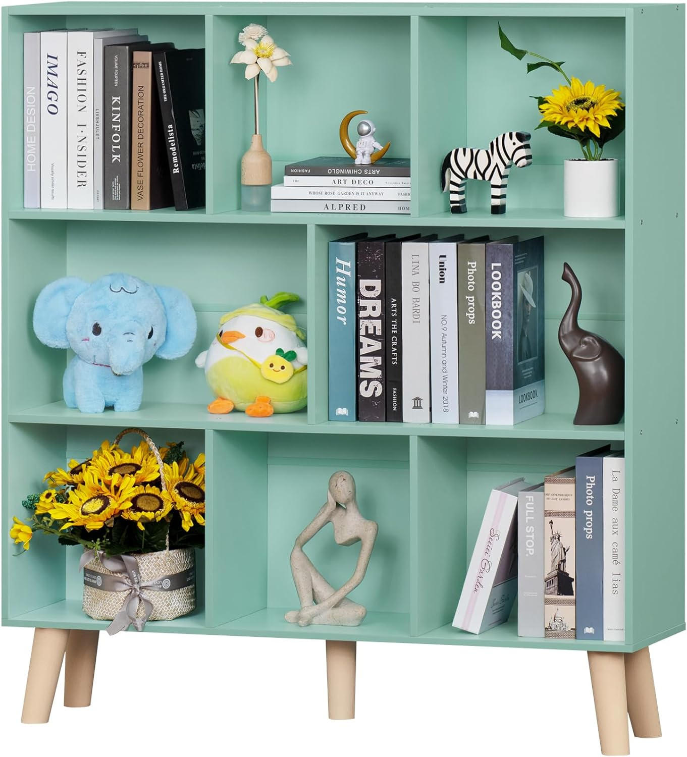 Satiny 7 Cube Bookshelf 3-Tier Bookcase with Legs, Mint-Green Kids Book Shelf Cute Storage Organizer, Toy Shelves Bookshelves,Wood Display Bookcases