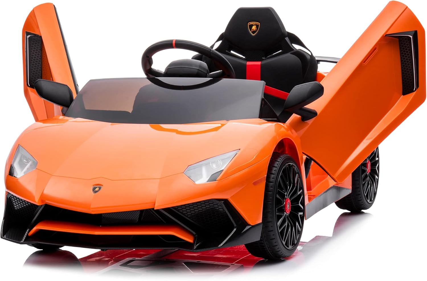 Kidzone Kids Electric Ride On 12V Licensed Lamborghini Aventador SV Battery Powered Sports Car Toy W/ 2 Speeds, Parent Control, Sound System, LED Headlights & Hydraulic Doors, Black