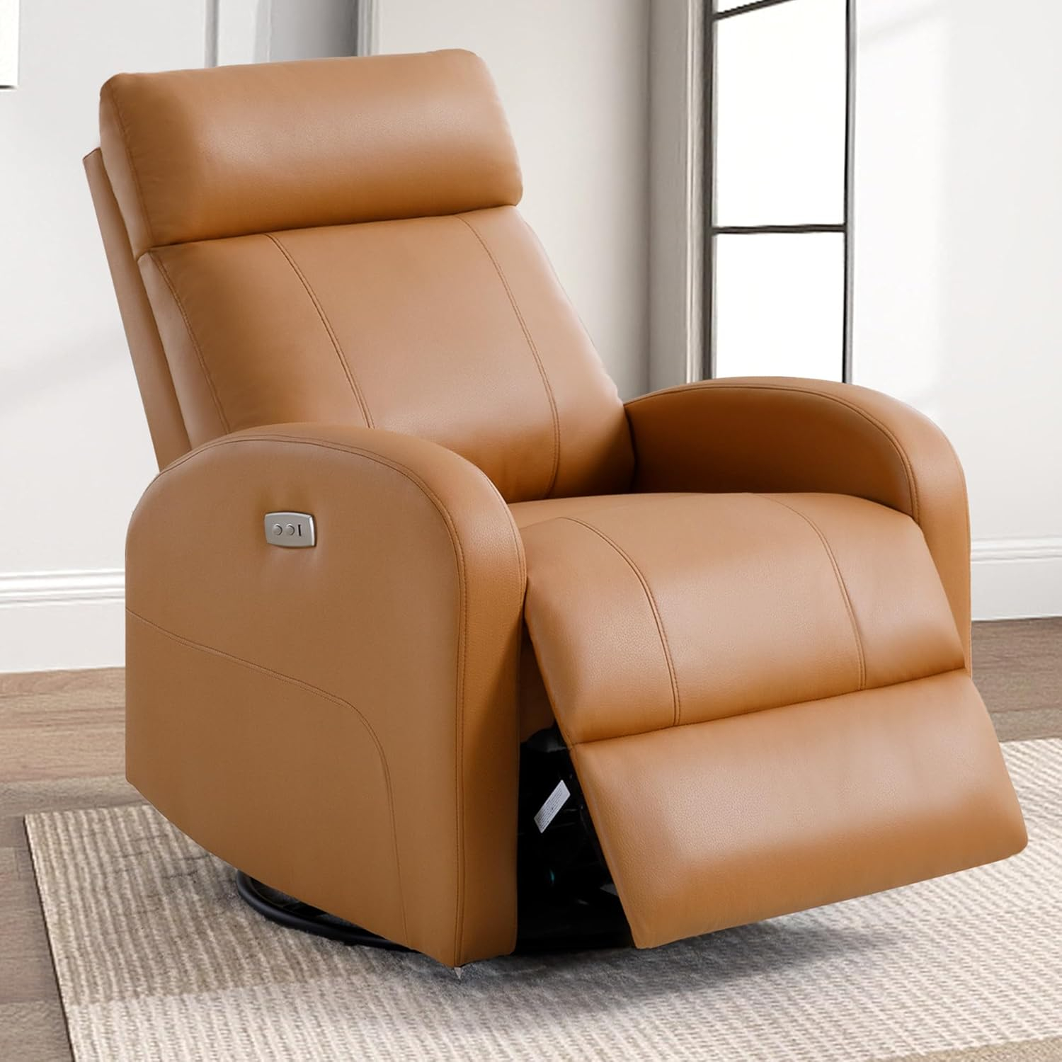 Swivel Rocker Recliner Chair, Manual Leather Recliner, Glider Rocking Recliner Chair 360°Swivel Nursery Reclining Chair with Adjustable Headrest/Highback for Living Room, Brown