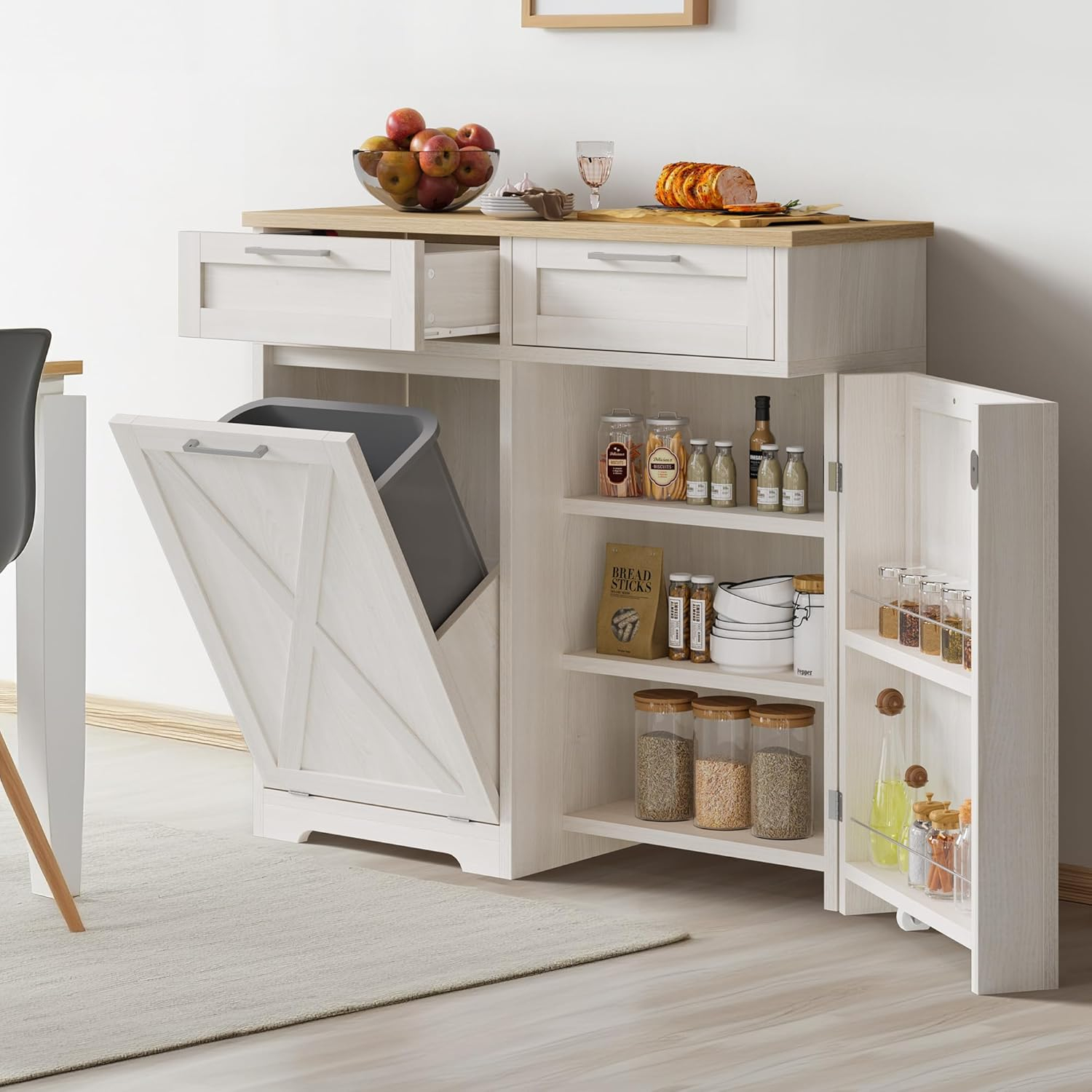Coraluna Tilt Out Trash Can Cabinet for 10 Gallon Kitchen Island w/ Drawers Freestanding