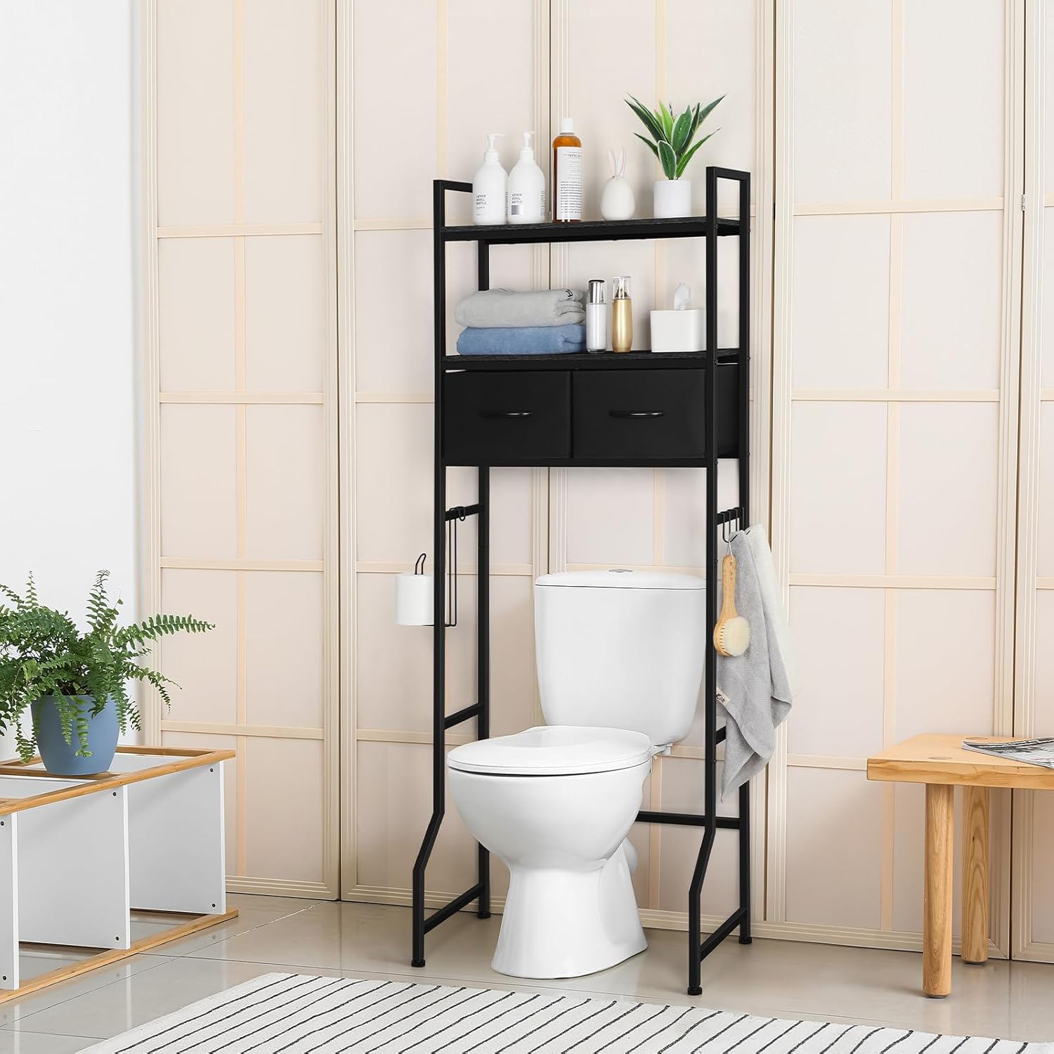 ETELI Over The Toilet Storage Cabinet with Fabric Drawers 3 Tier Freestanding Bathroom Shelf Over Toilet Space Saving Behind Toilet Bathroom Organizer Black