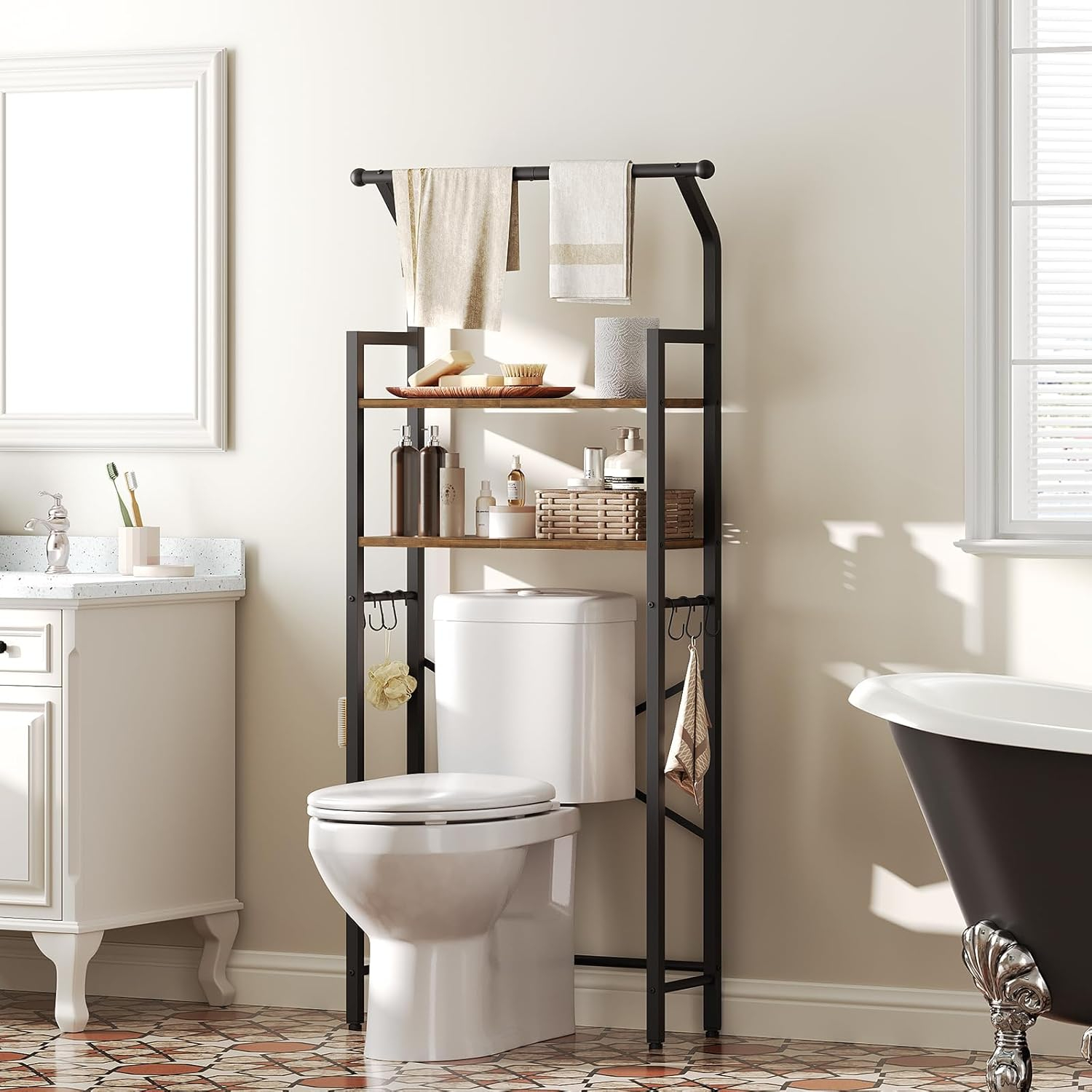 Over The Toilet Storage, 2-Tier Bathroom Organizer Shelves with Hooks, Multifunctional Vertical The Toilet Shelf Storage Rack for Bathroom, Rustic Brown and Black TR01BR