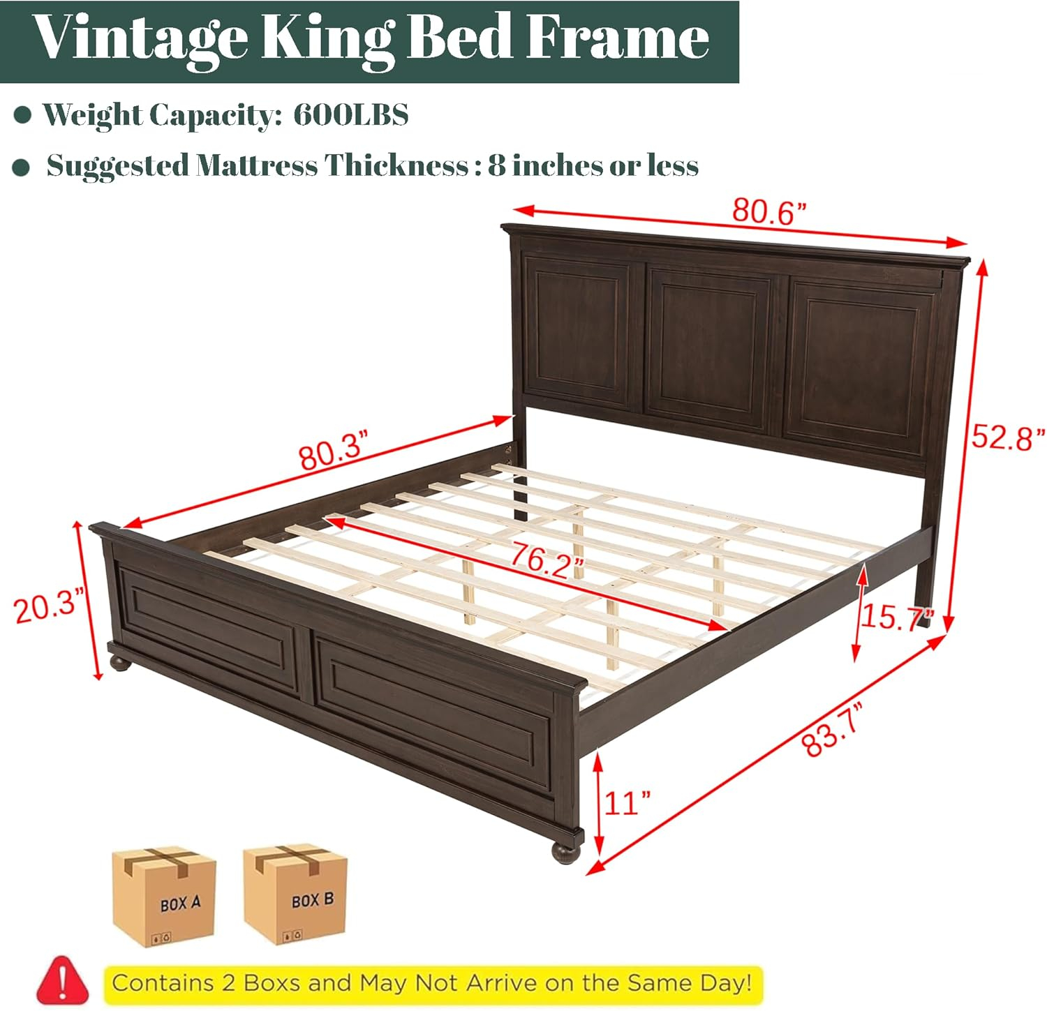 King Size Platform Bed with Tall Headboard & Footboard, Pinewood King Bed Frame with Wood Panel Bed Base, No Squeak, No Box Spring Needed, Traditional Style, Brown