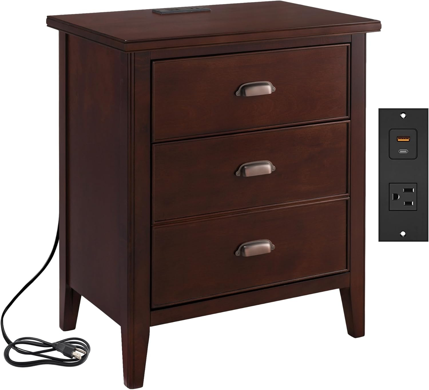 Leick Home 10522 Laurent Nightstand with Drawer, Door with USB-C Fast Charging Station and AC/USB Outlet, Chocolate Cherry
