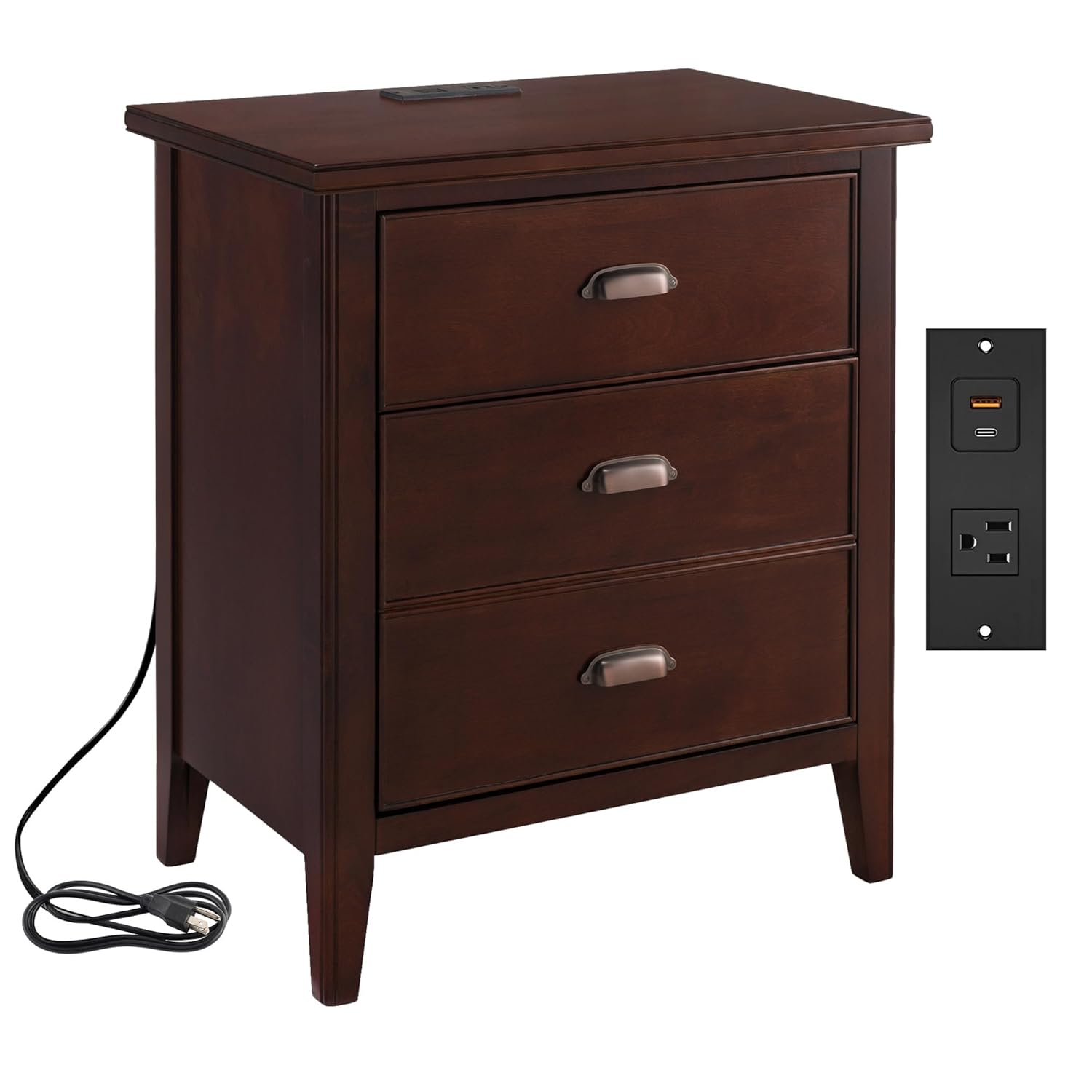 Leick Home 10522 Laurent Nightstand with Drawer, Door with USB-C Fast Charging Station and AC/USB Outlet, Chocolate Cherry