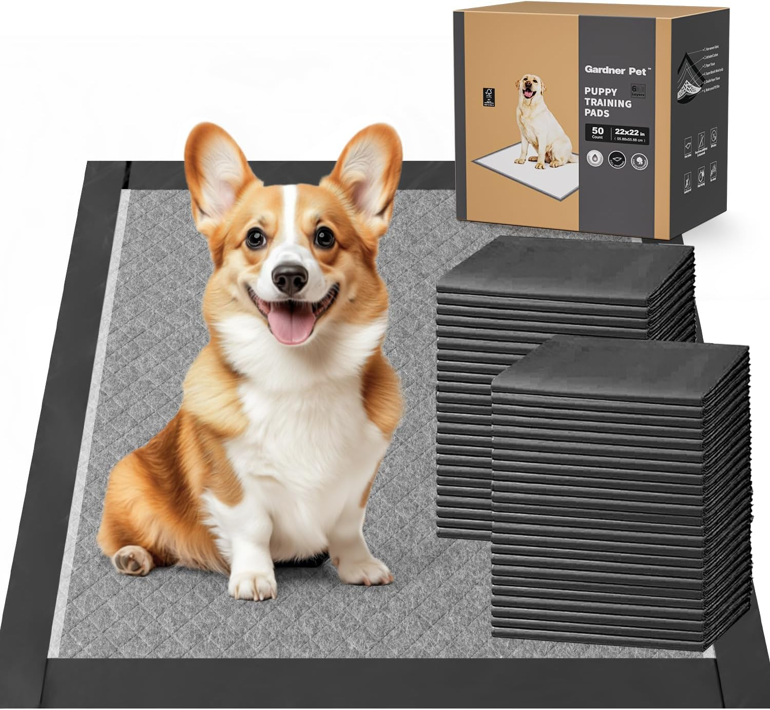 Gardner Pet Pee Pads for Dogs - 28 x 34 inchs - 100 Count - Activated carbon - Leak-Proof & Odor-Control - Full Edge Wrapping Pad