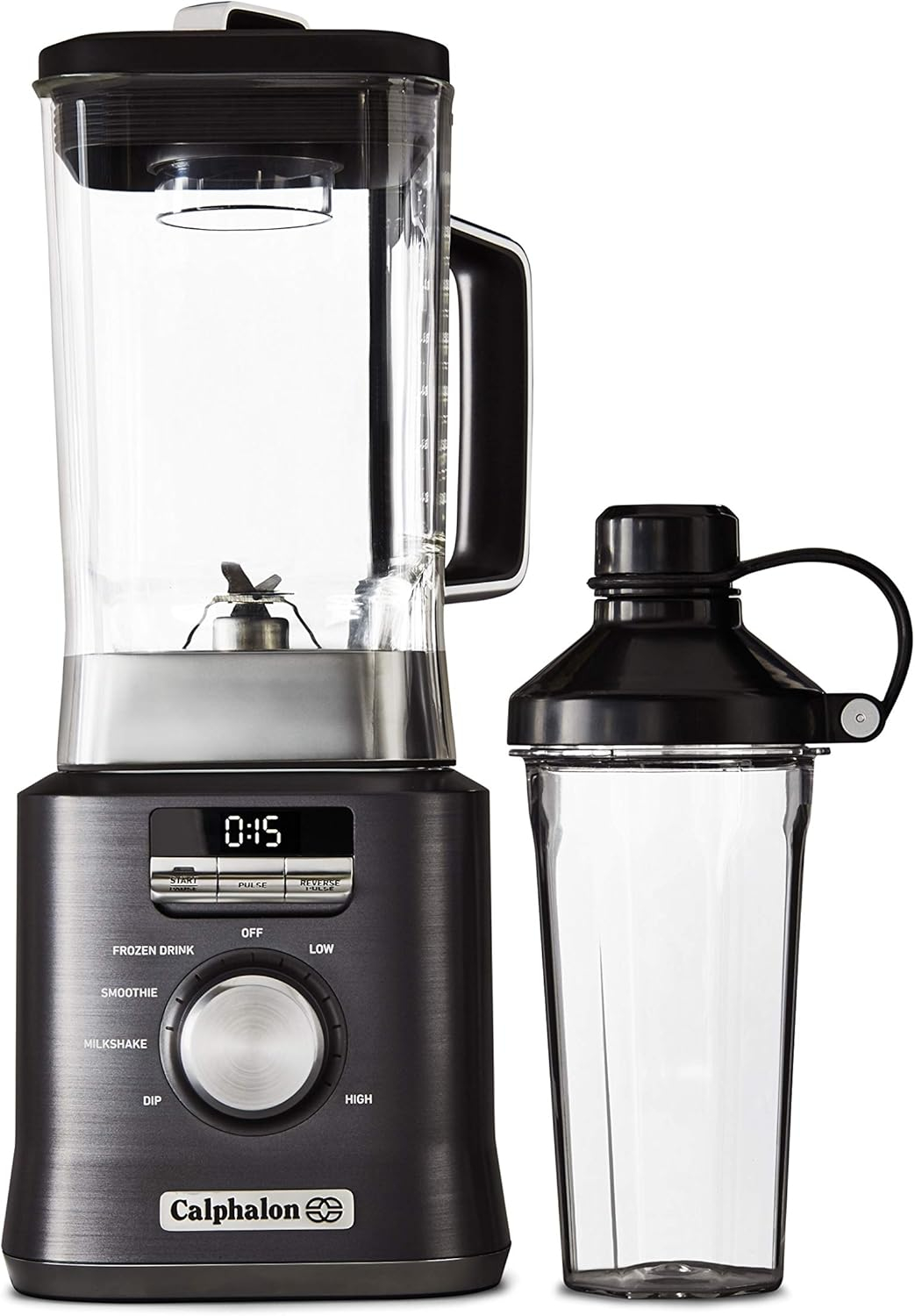 Calphalon Auto-Speed 2-Liter Blender with Blend-N-Go Smoothie Cup, Dark Stainless Steel
