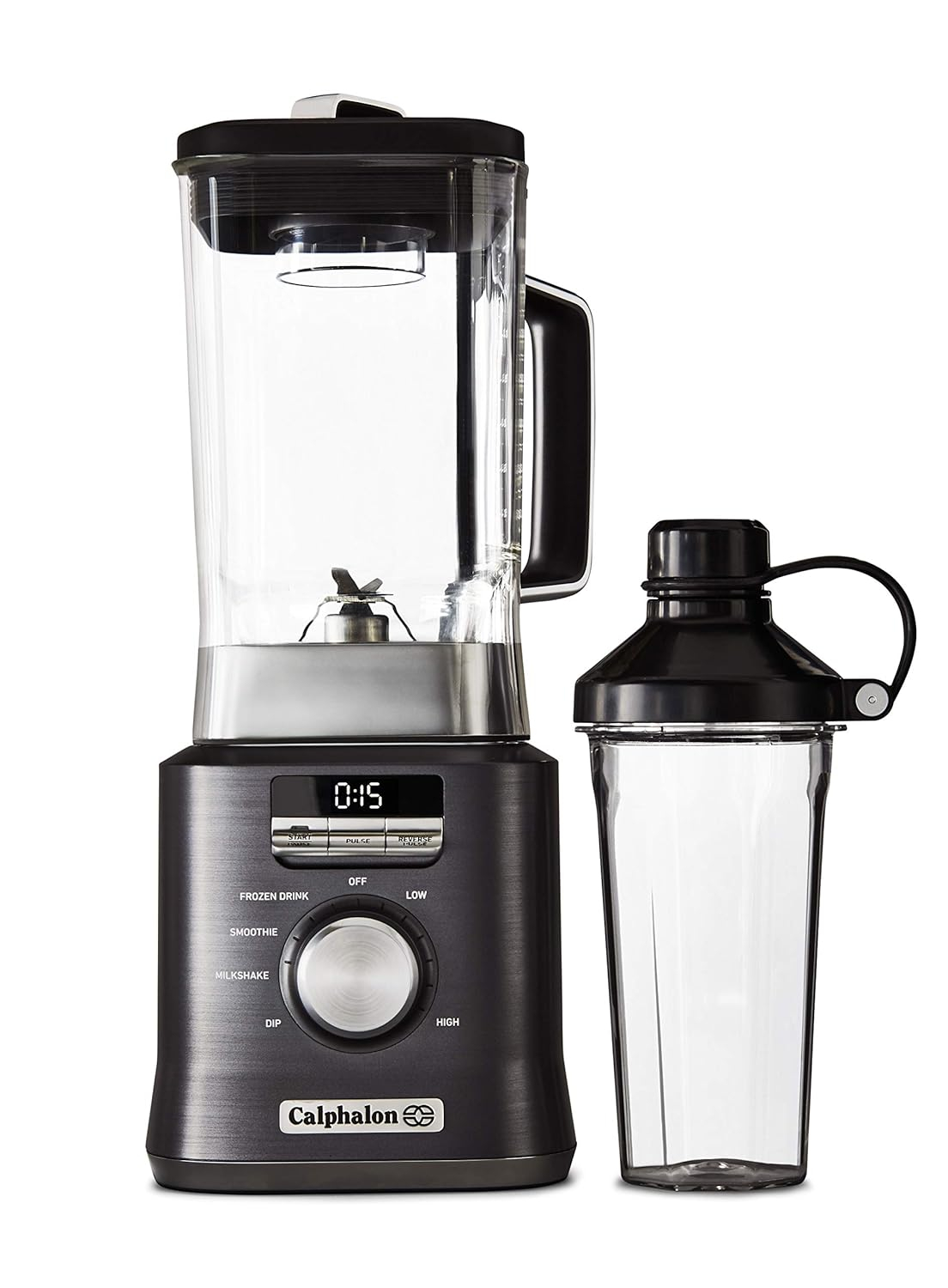 Calphalon Auto-Speed 2-Liter Blender with Blend-N-Go Smoothie Cup, Dark Stainless Steel
