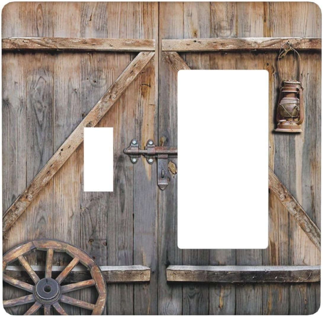 Wood Garage Barn Door Cabin 2 Gang Single Toggle/Rocker Combination Light Switch Cover Decorative Wall Plate Cover Electrical Faceplate Art Decor
