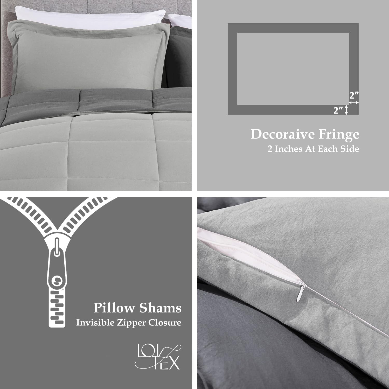 LOVTEX 3PCS Grey Comforter Queen Set - Ultra Soft Washed Microfiber Queen Comforter Set - Reversible Down Alternative Comforter with 2 Pillow Shams(Grey/Charcoal)