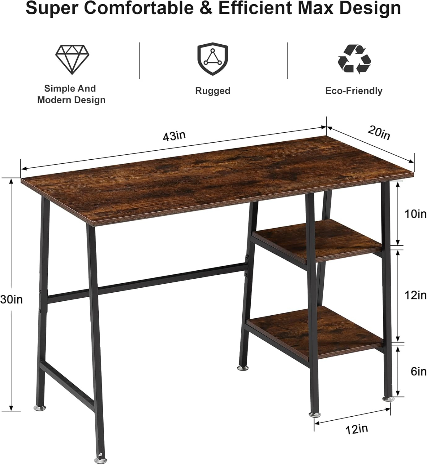 VECELO 43 Inch Computer Desk Writing Study Work Office Table Modern Desk with Shelves Wooden Desk for Home Bedroom,Walnut Desk