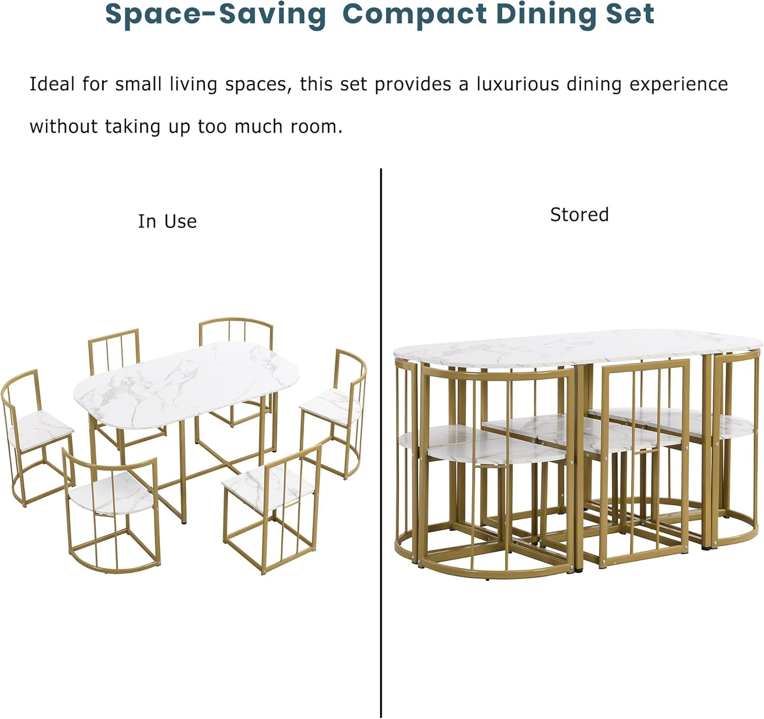 Merax Metal Dining Room Table Set with Chairs for Small Space 7 Piece Kitchen Dining Table Set for 6, Space Saving, Golden White
