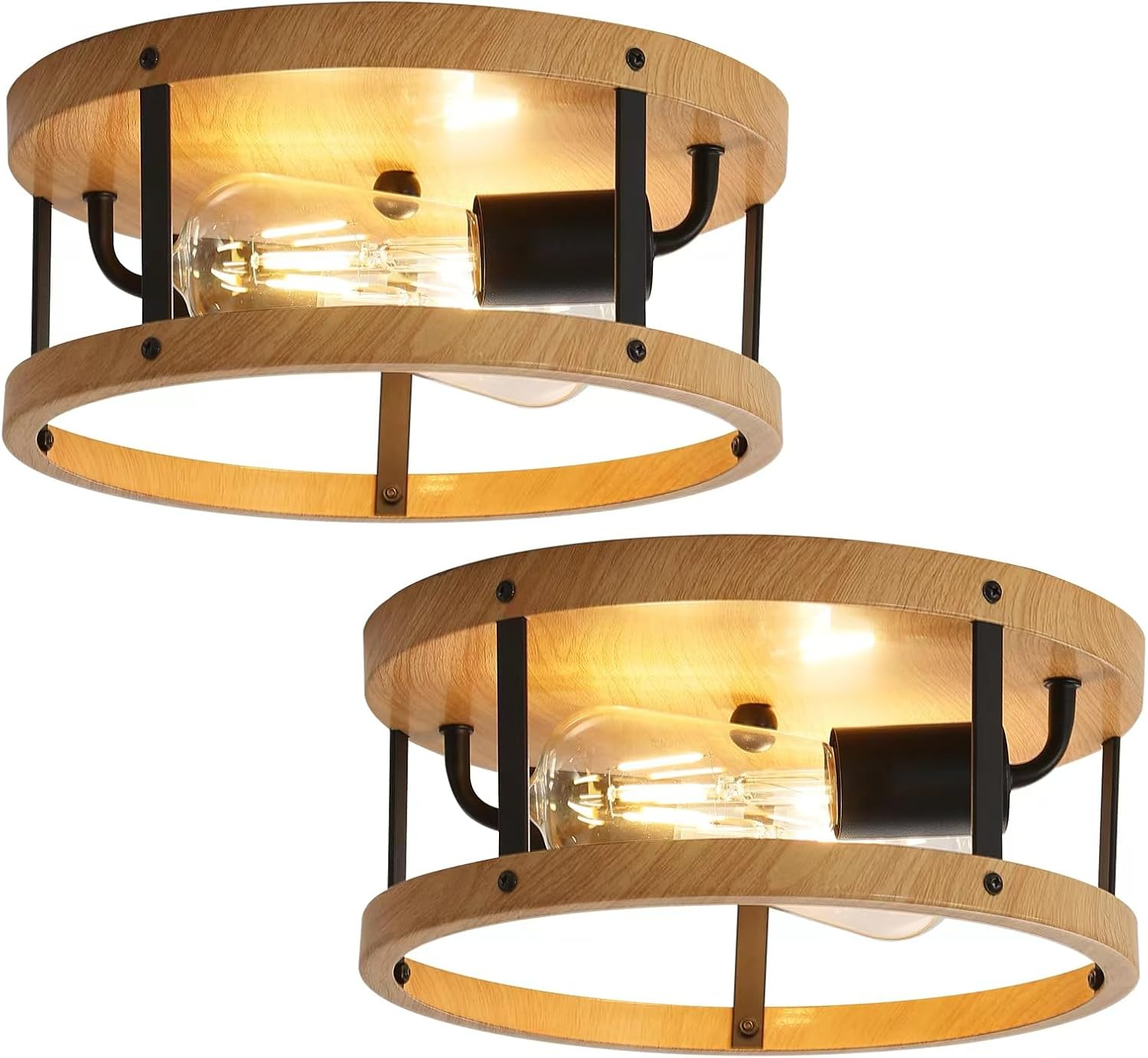 2-Light Industrial Flush Mount Ceiling Light Fixture,Black Farmhouse Ceiling Light Fixture,Modern Flush Mount Light Fixture for Kitchen Bedroom Living Room Hallway 2 Pack