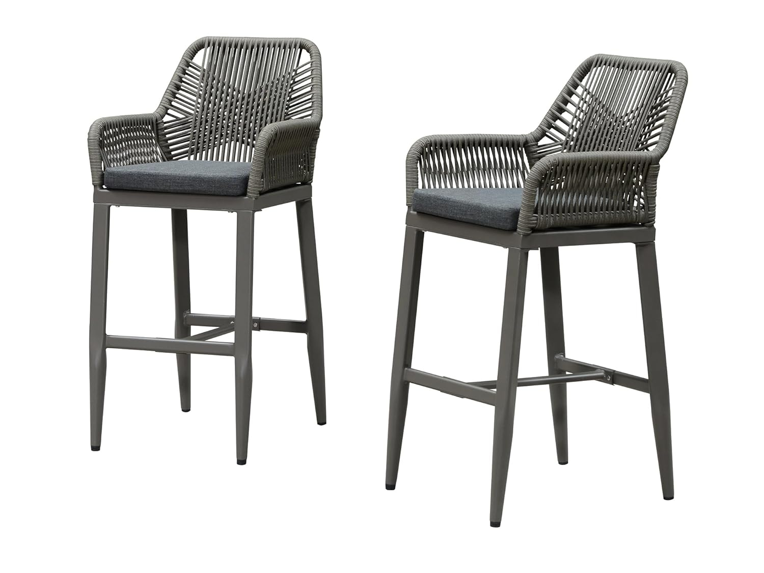 PURPLE LEAF Outdoor Wicker 29" Bar Stools Set of 2, Boho Patio Bar Height Chair with Cushion and Back for Outdoor and Indoor, Garden, Patio, Smoke Grey