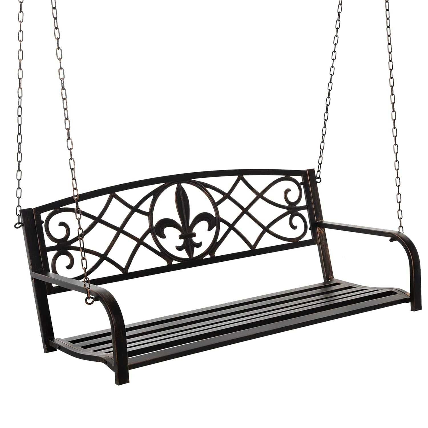 Outsunny 2-Person Porch Swing, Hanging Steel Patio Swing, Outdoor Swing Bench with Fleur-de-Lis Design for Garden Deck, 528 LBS Weight Capacity, Bronze