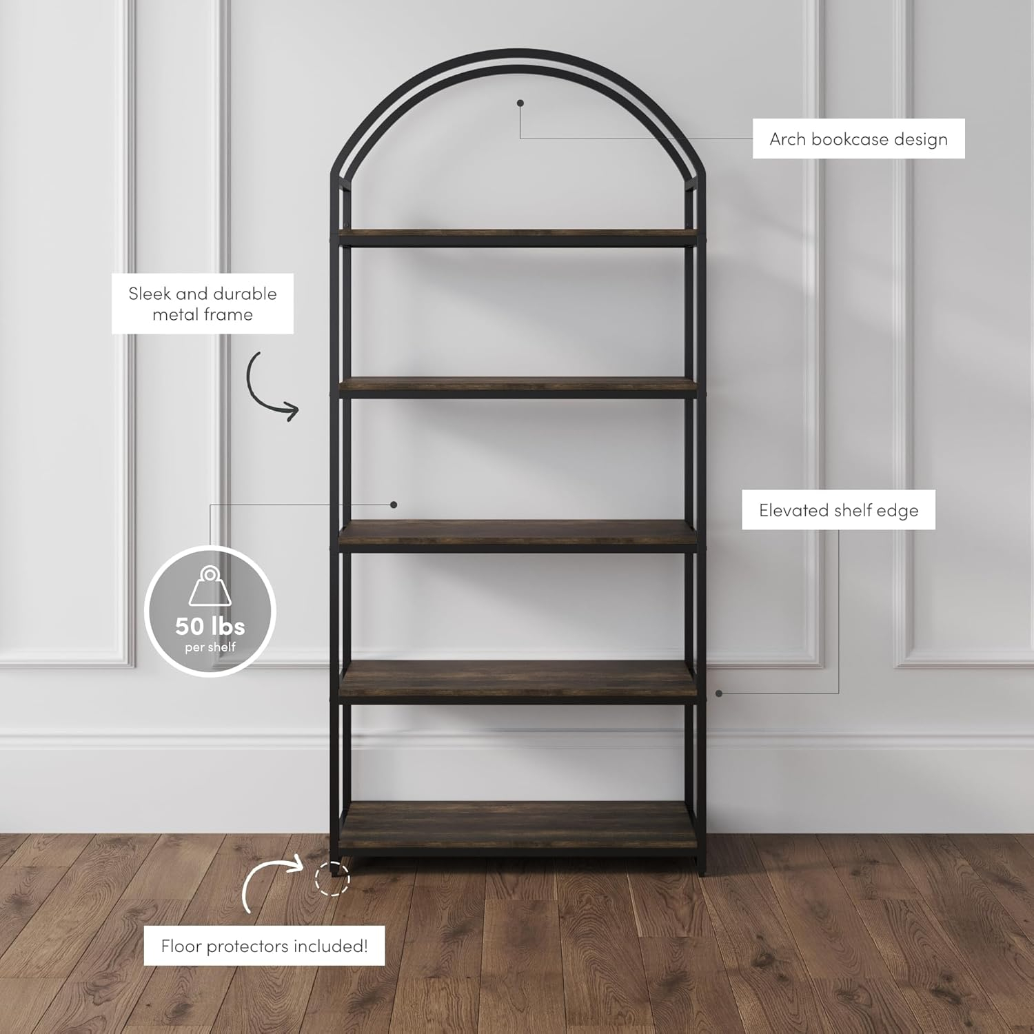 72" Black Matte Wood and Metal 5-Shelf Bookcase