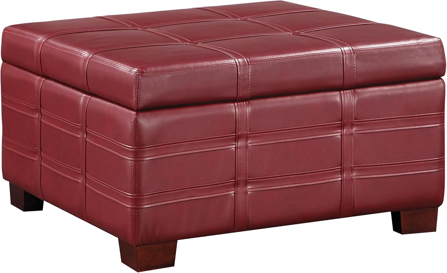 Detour Strap Square Storage Ottoman in Crimson Red Faux Leather