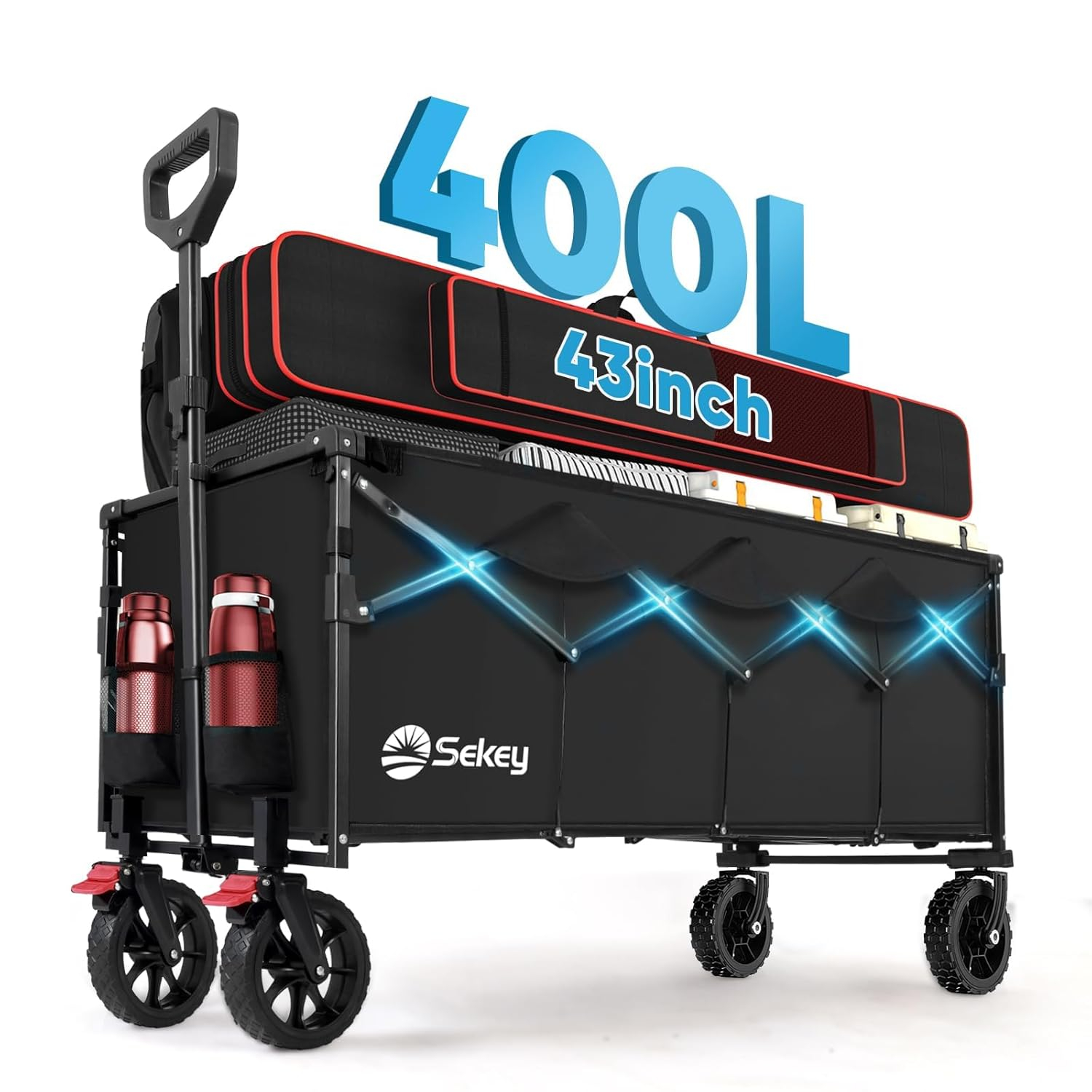 Sekey 43" Extended Collapsible Wagon 400L Large Capacity, 440LBS Heavy Duty Folding Utility Garden Cart with All-Terrain Wheels for Camping, Sports, Shopping.Black