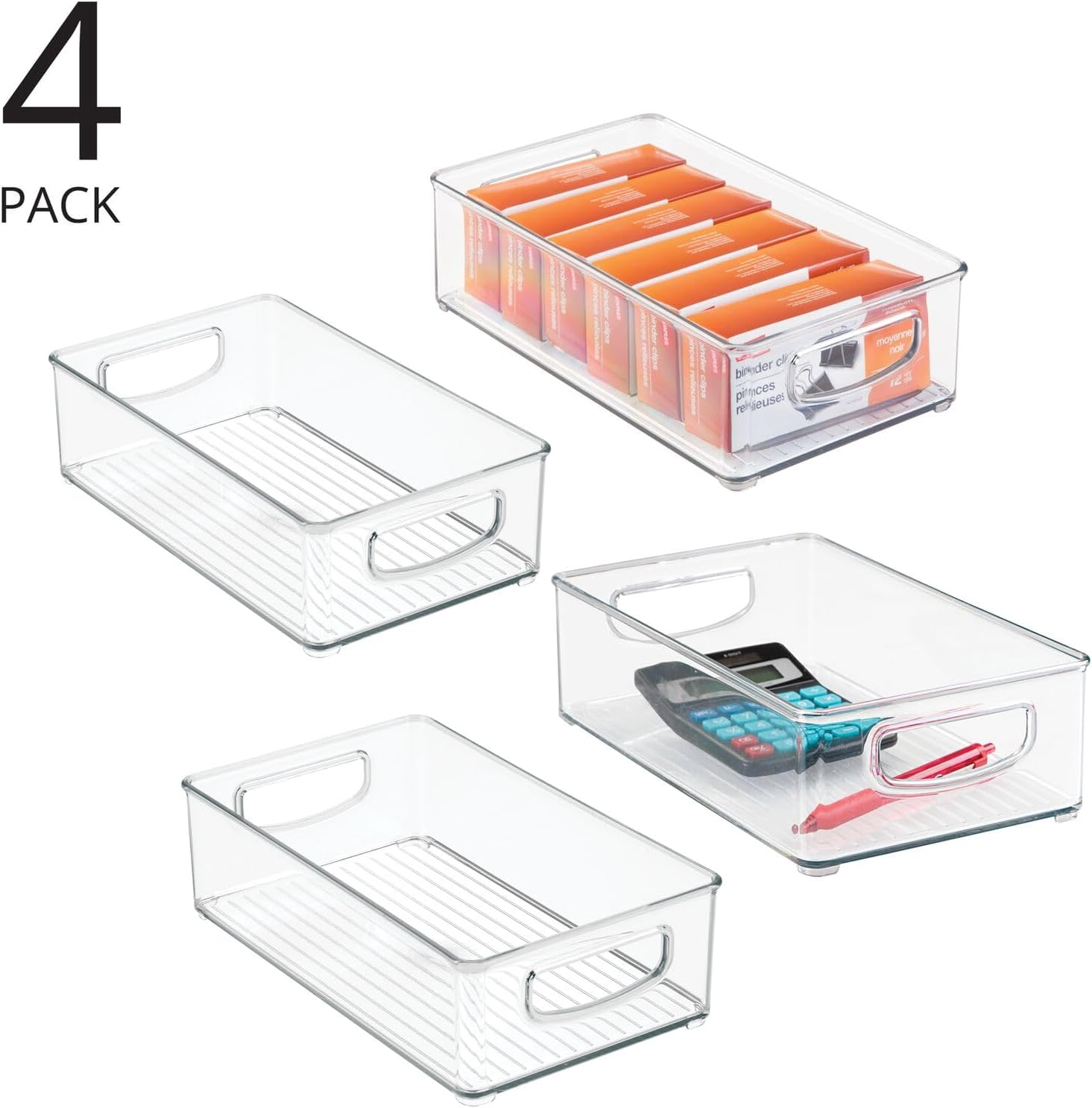 mDesign Small Plastic Office Storage Container Bins w/Handles for Organization in Filing Cabinet, Closet Shelf, Desk Drawers, Organizer for Notes, Pens, Pencils - Ligne Collection, 4 Pack - Clear