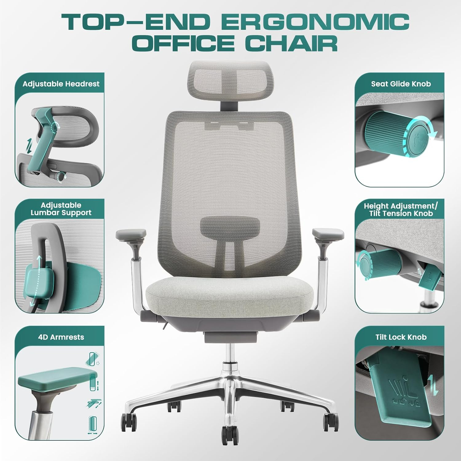 Light Grey High Back Mesh Swivel Office Chair with Fixed Arms