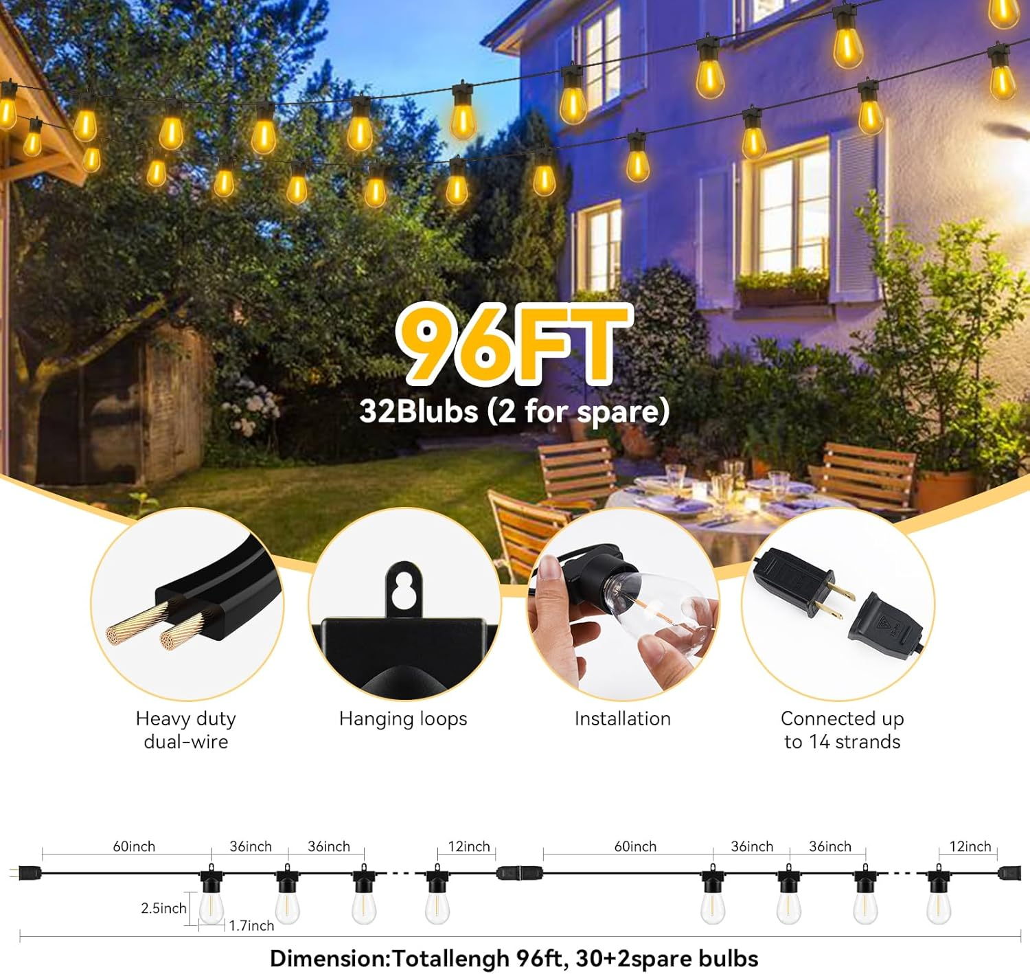 96FT Yellow LED Outdoor Globe String Lights