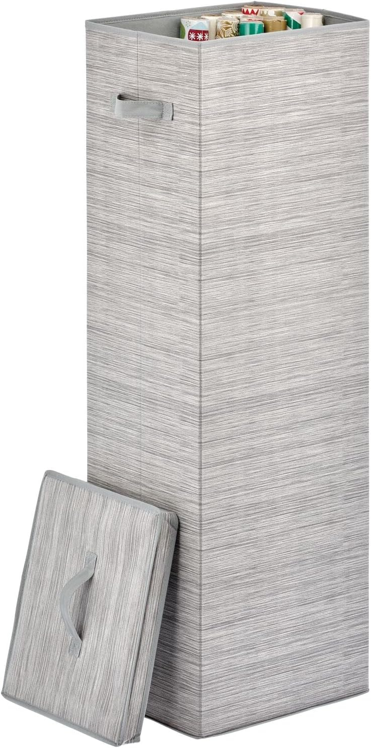 mDesign Tall Gift-Wrapping Paper Storage Box with Handles, Holder for Christmas and Holiday Organizer Container - Removable Lid for Rolls of Wrap, Inside Closet Storage Totes, Stripe, Taupe/Tan