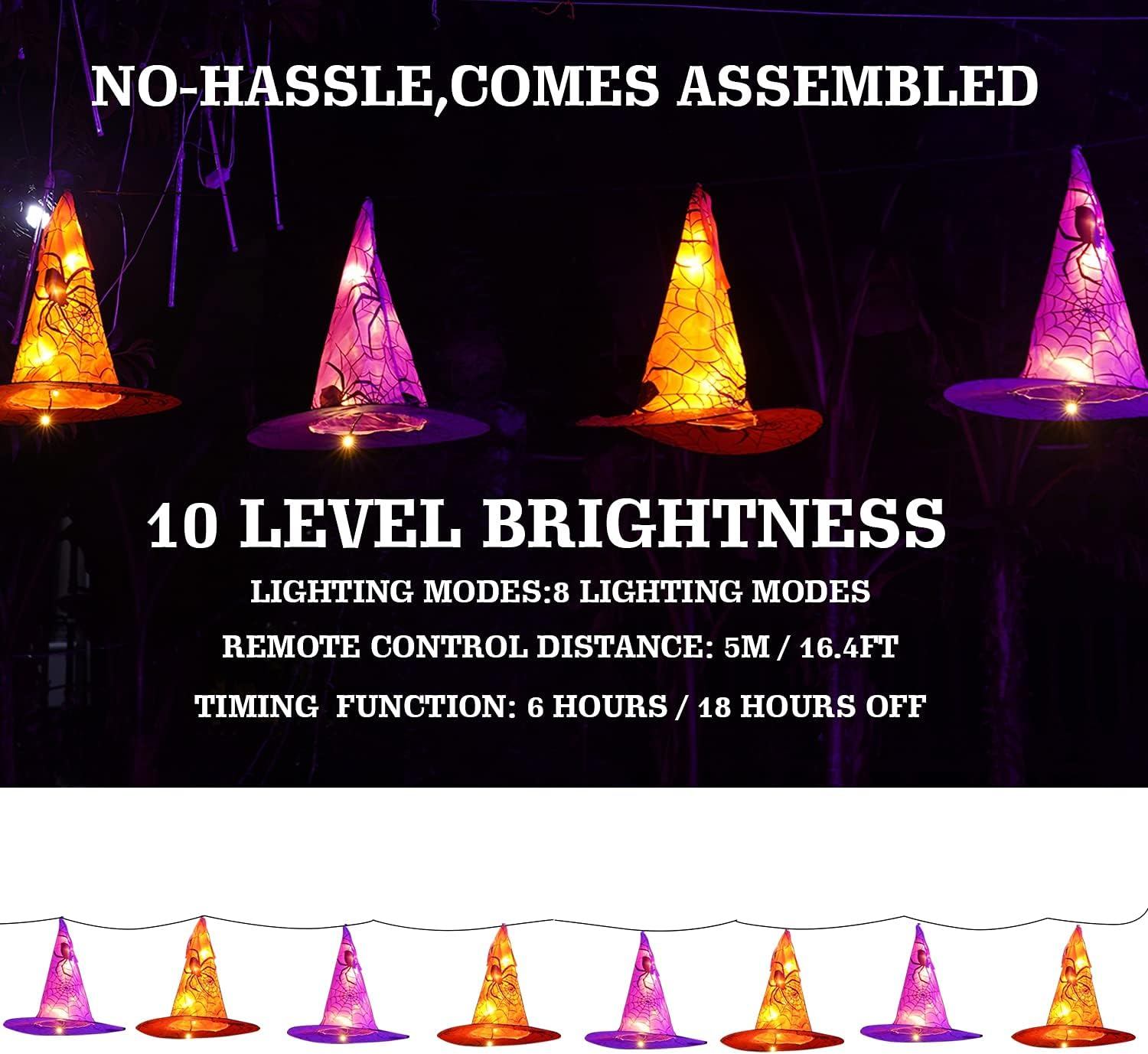 FUNPENY Halloween Decoration Lights, 8 PCS Waterproof Hanging Witch Hat with String Lights with Remote, Hanging Halloween Decorations for Indoor Outdoor Garden Yard Party Decor