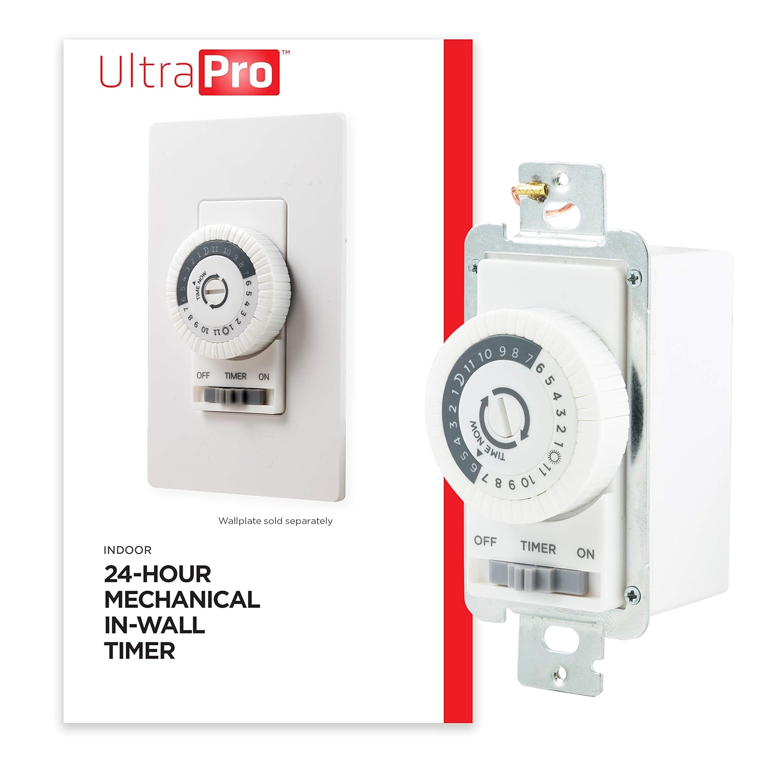 UltraPro 24-Hour Indoor Mechanical In-Wall Timer, 30 Minute Interval, Neutral Wire Required, Dial Timer Light Switch for Lights, Bathroom Fan, Exhaust Fan, Single Pole Wall Timer Switch, White, 41092