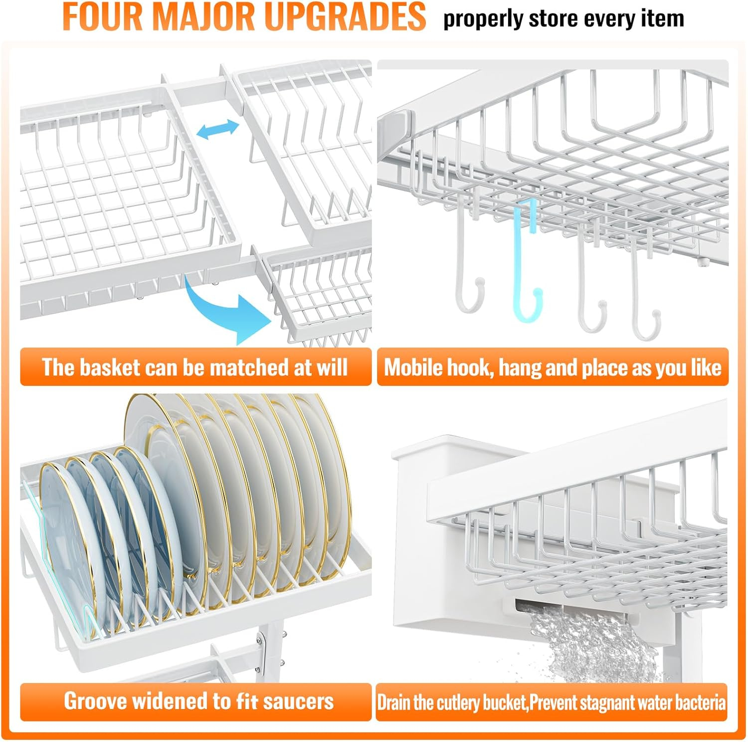 YKLSLH Over Sink Dish Drying Rack, Expandable Large Drying Rack, Suitable for Most Sinks (24.8"-35.4"), Adjustable Metal Rack, Space Saving, White