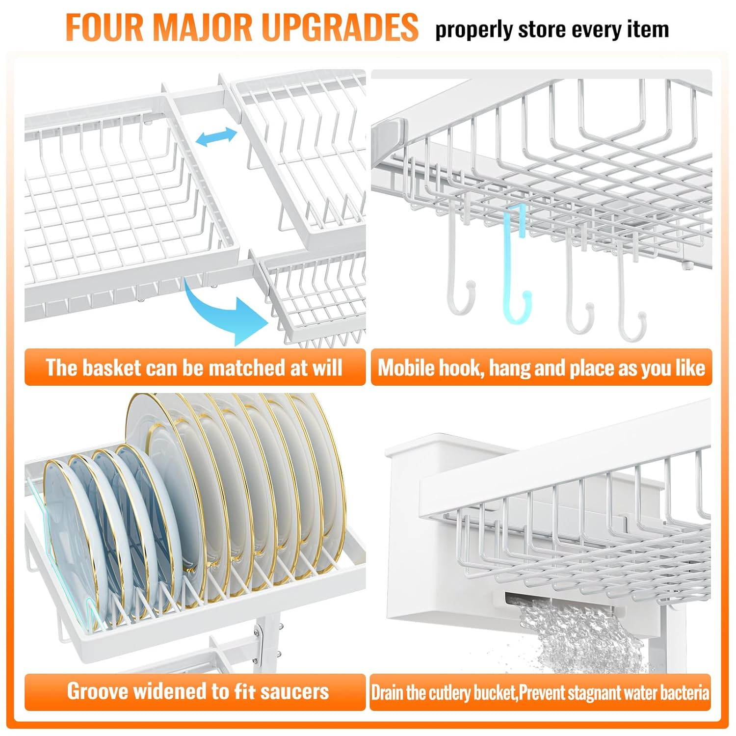YKLSLH Over Sink Dish Drying Rack, Expandable Large Drying Rack, Suitable for Most Sinks (24.8"-35.4"), Adjustable Metal Rack, Space Saving, White