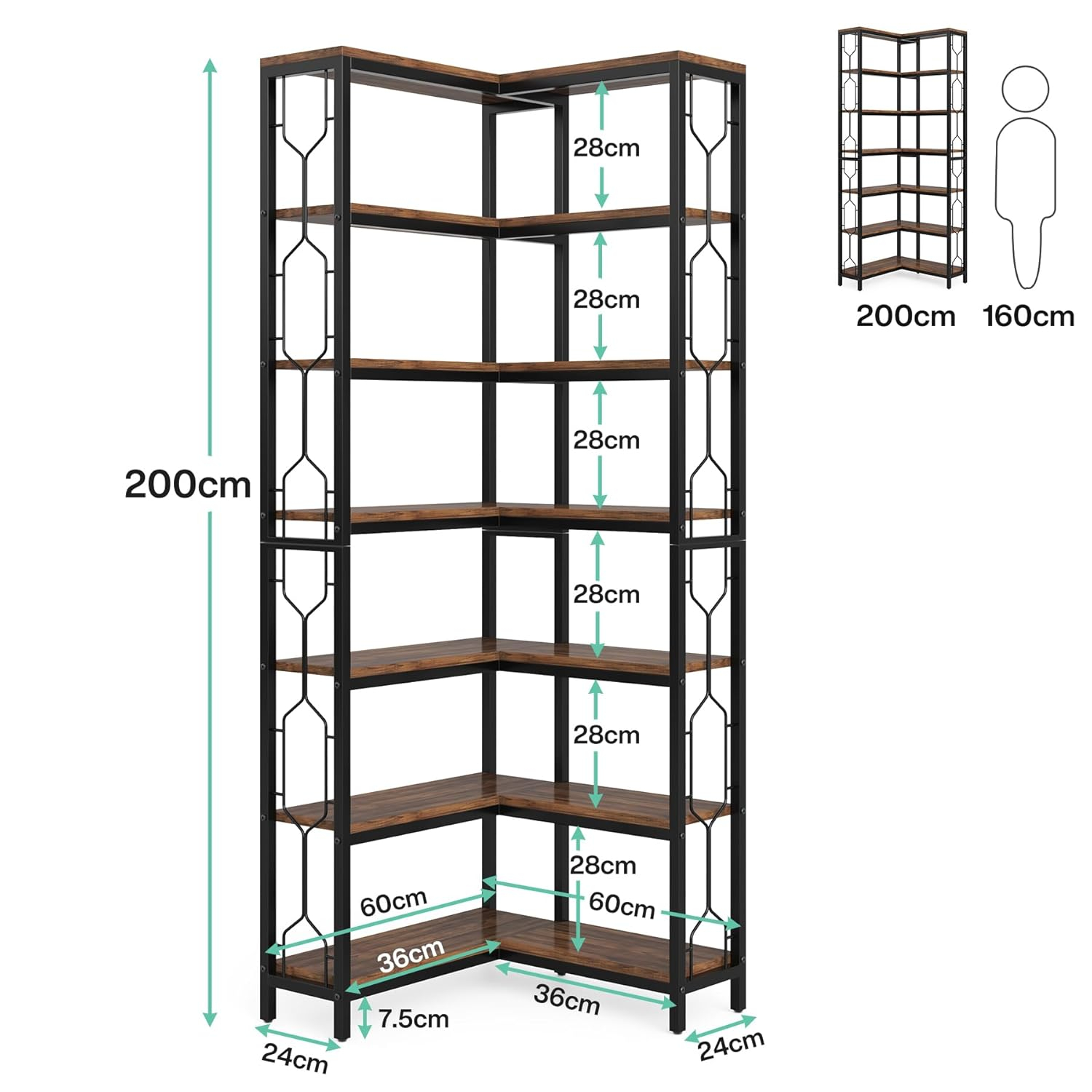 Tribesigns Corner Shelf, 7-Tier Industrial Corner Bookshelf, Wood and Metal Etagere Bookcase, Freestanding Display Shelf for Living Room, Kitchen, Home Office, Rustic Brown