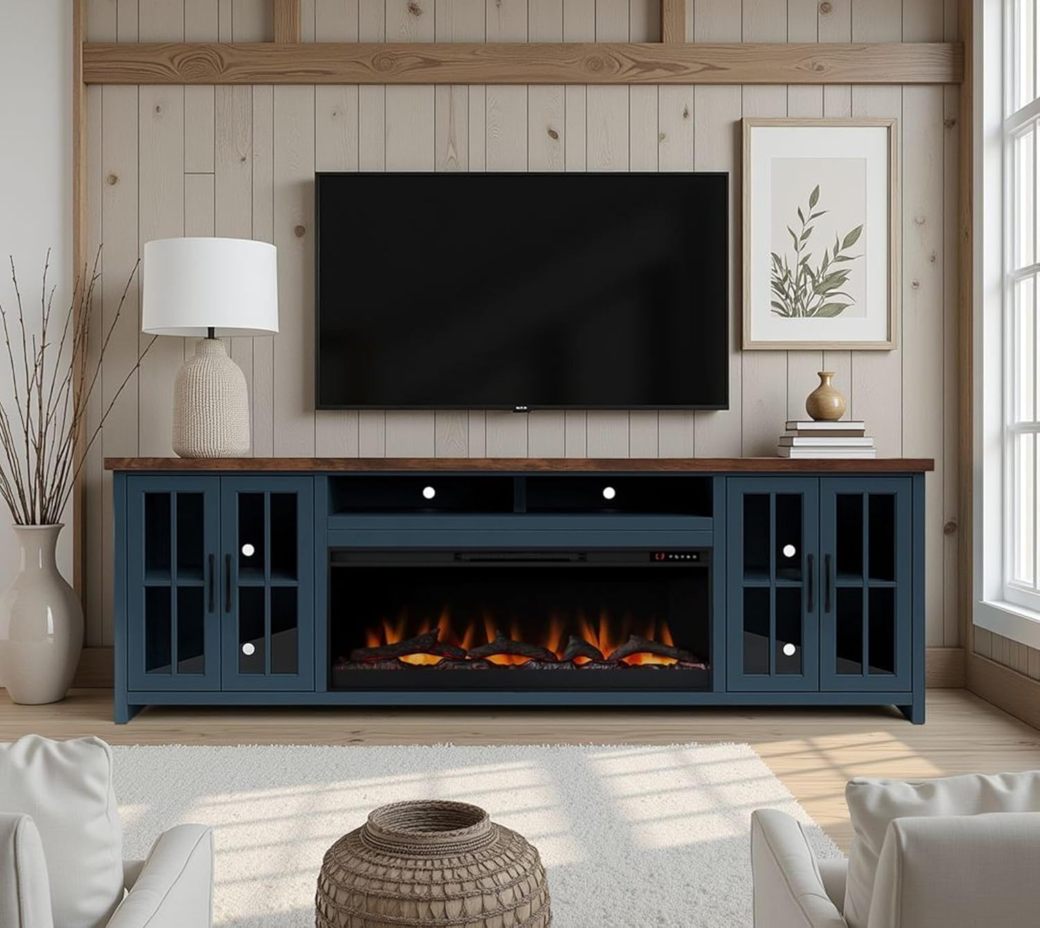 DeeHome Bridgevine Home Nantucket 97 inch Fireplace TV Stand Console for TVs up to 100 inches, Blue Denim and Whiskey Finish