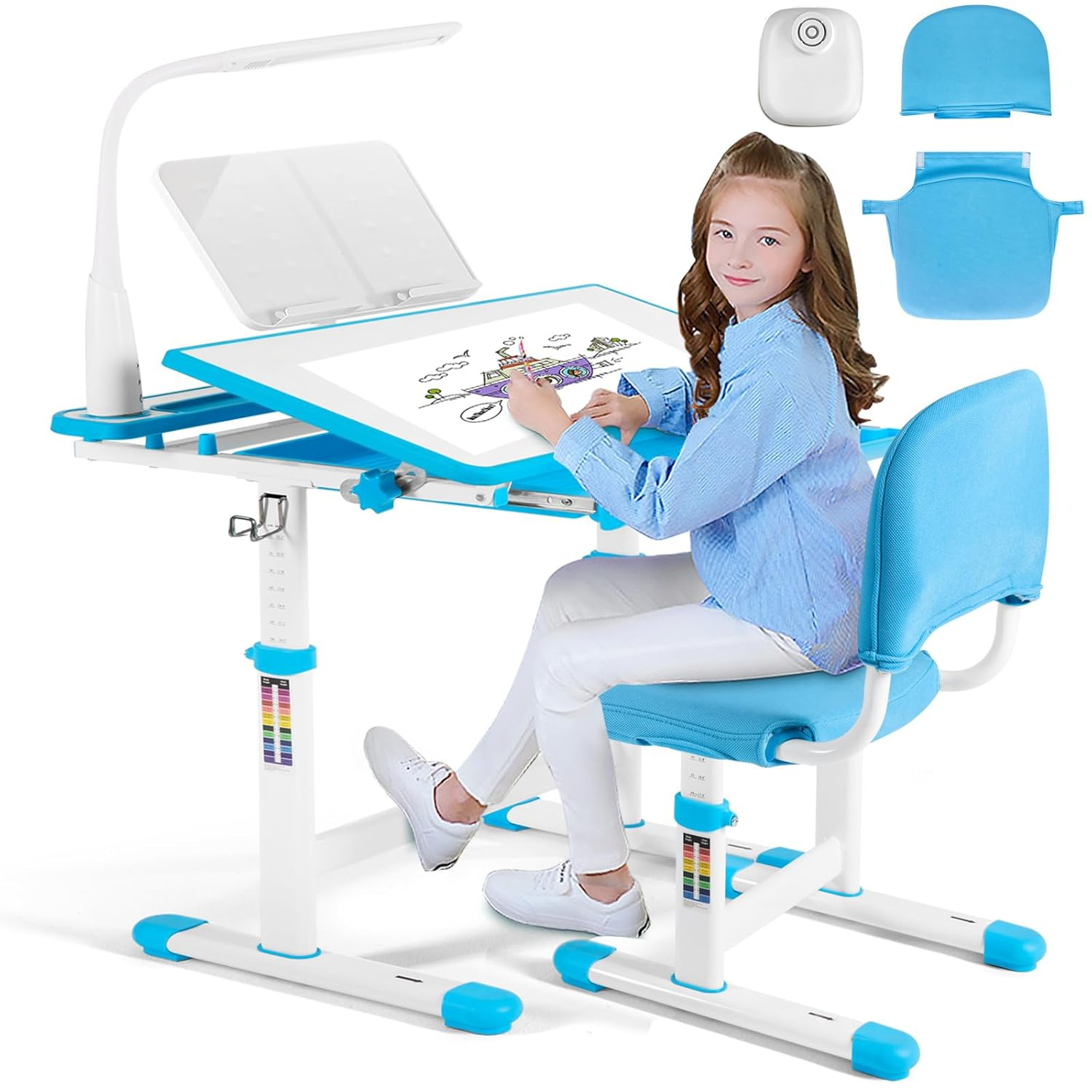 Artist hand Kids Study Table and Chair Set,Adjustable Girls School Writing Study Table,with Large Writing Board LED Pull Out Drawer Pencil Case Bookstand
