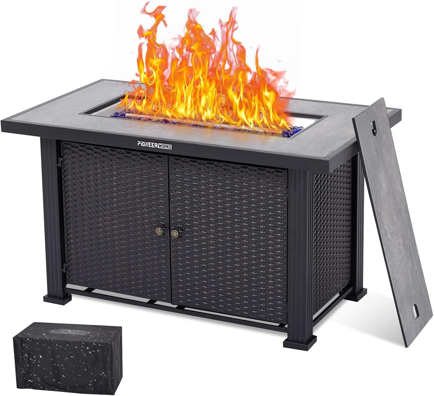 Propane Fire Pit Table 44Inch, 50000BTU Rectangle Fire Table with Cover, Adjustable Flame Auto Electronic Lgnition, Double Sided Door and Separate Storage Space