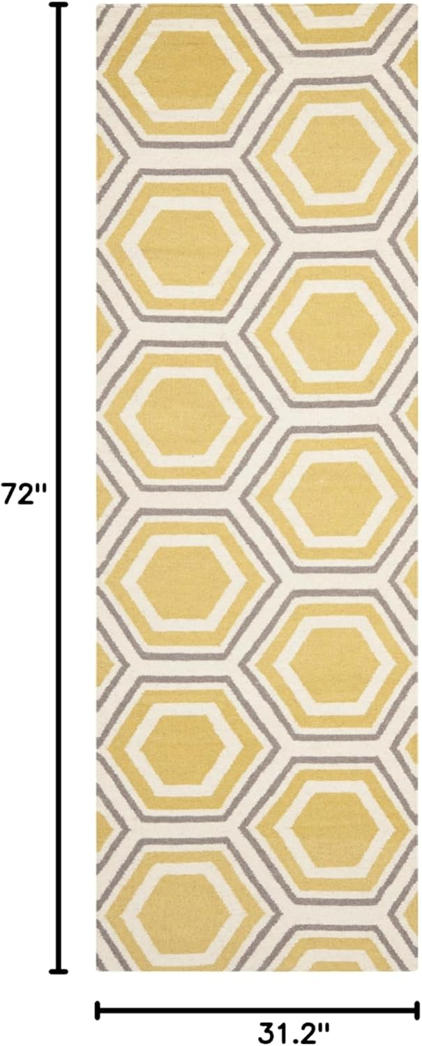 SAFAVIEH Dhurries Collection Runner Rug - 2'6" x 6', Ivory & Yellow, Handmade Flat Weave Wool, Ideal for High Traffic Areas in Living Room, Bedroom (DHU202A)