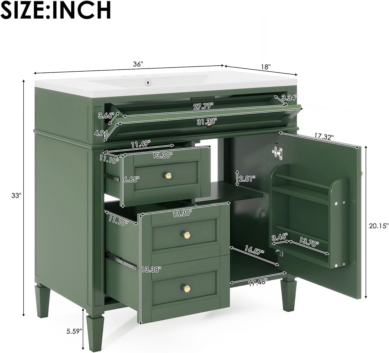 36" Bathroom Vanity with Single Sink Combo, Modern Undermount Bathroom Sink Cabinet with 2 Drawers and a Tip-Out Drawer, Freestanding Bathroom Vanities, Soft Closing, Solid Wood Frame…