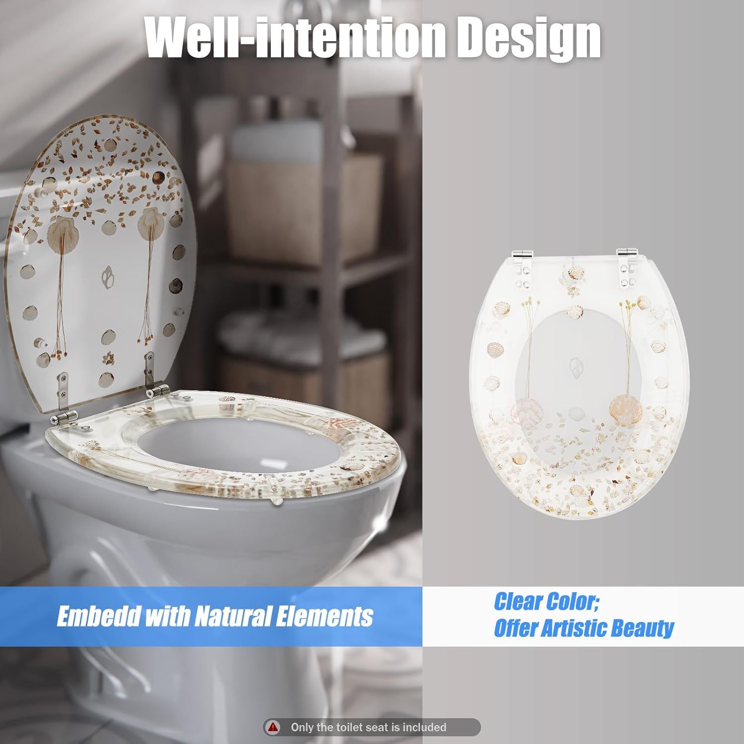 Transparent Resin Shell Polyresin Toilet Seat, Decoration Transparent Safety U/V Shape Seashell Sea Plants Decor Bathroom Toilet Seat with Hinges