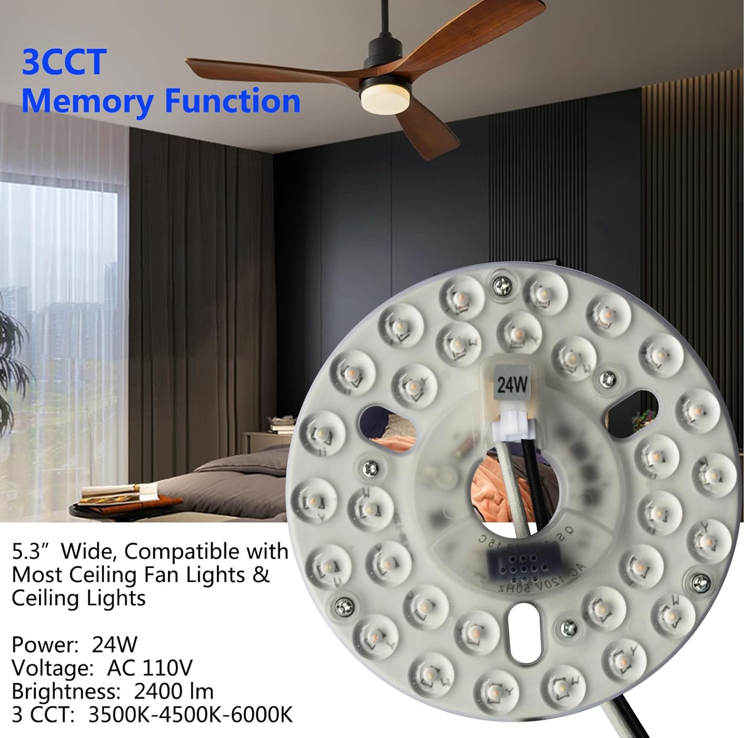 24W 5.3" LED Ceiling Fan Light Kit Replacement LED Light Board Panel,Retrofit LED Light Engine with 3 Color Temperature Memory Function