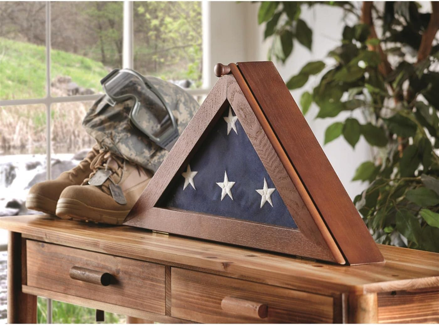 Walnut Finish Wood and Glass Triangular Wall Mount Flag Display Case