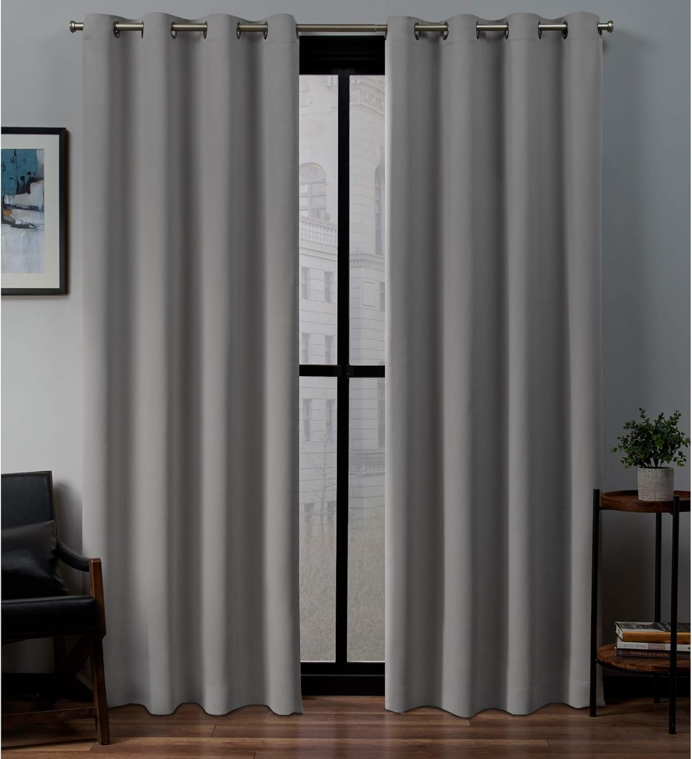 Exclusive Home Sateen Twill Woven Room Darkening Blackout Grommet Top Curtain Panel Pair, 52"x84", Veridian Grey