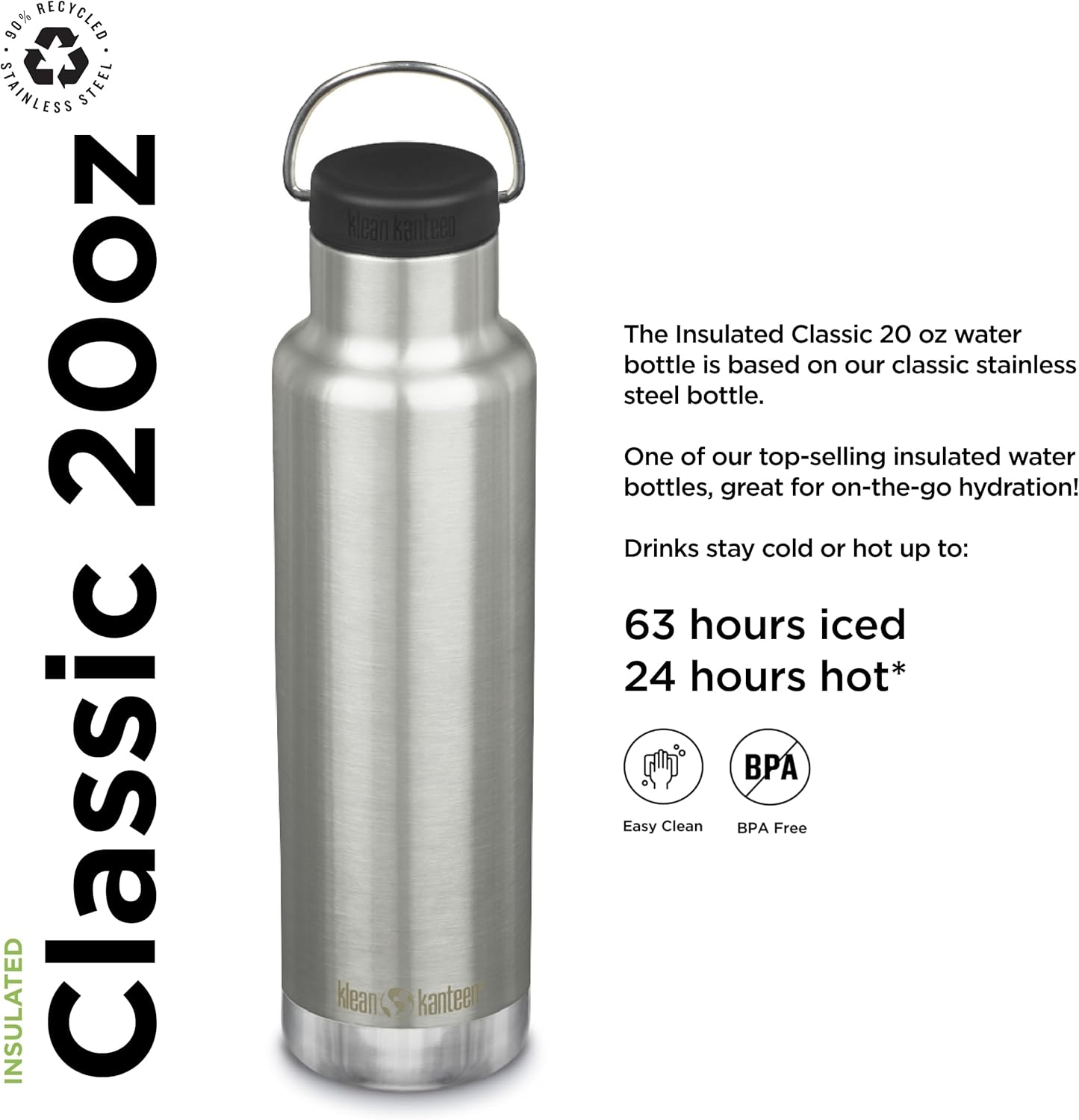Klean Kanteen 20 Oz Classic Loop Top Brushed Stainless
